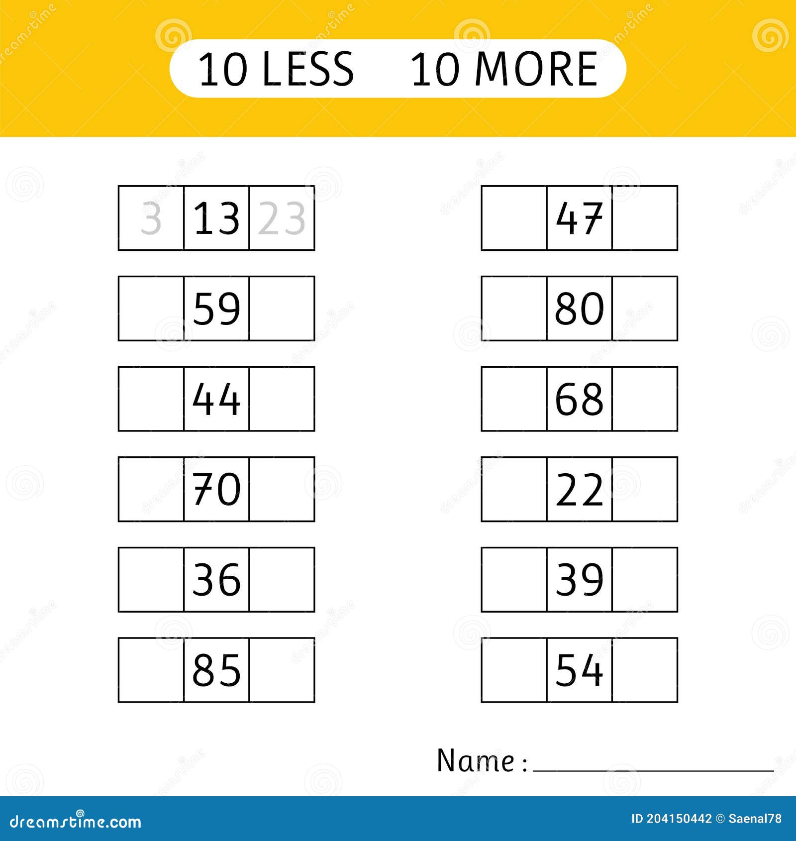 22 less, 22 More. Fill in the Missing Numbers. Worksheets for Kids Intended For Ten More Ten Less Worksheet