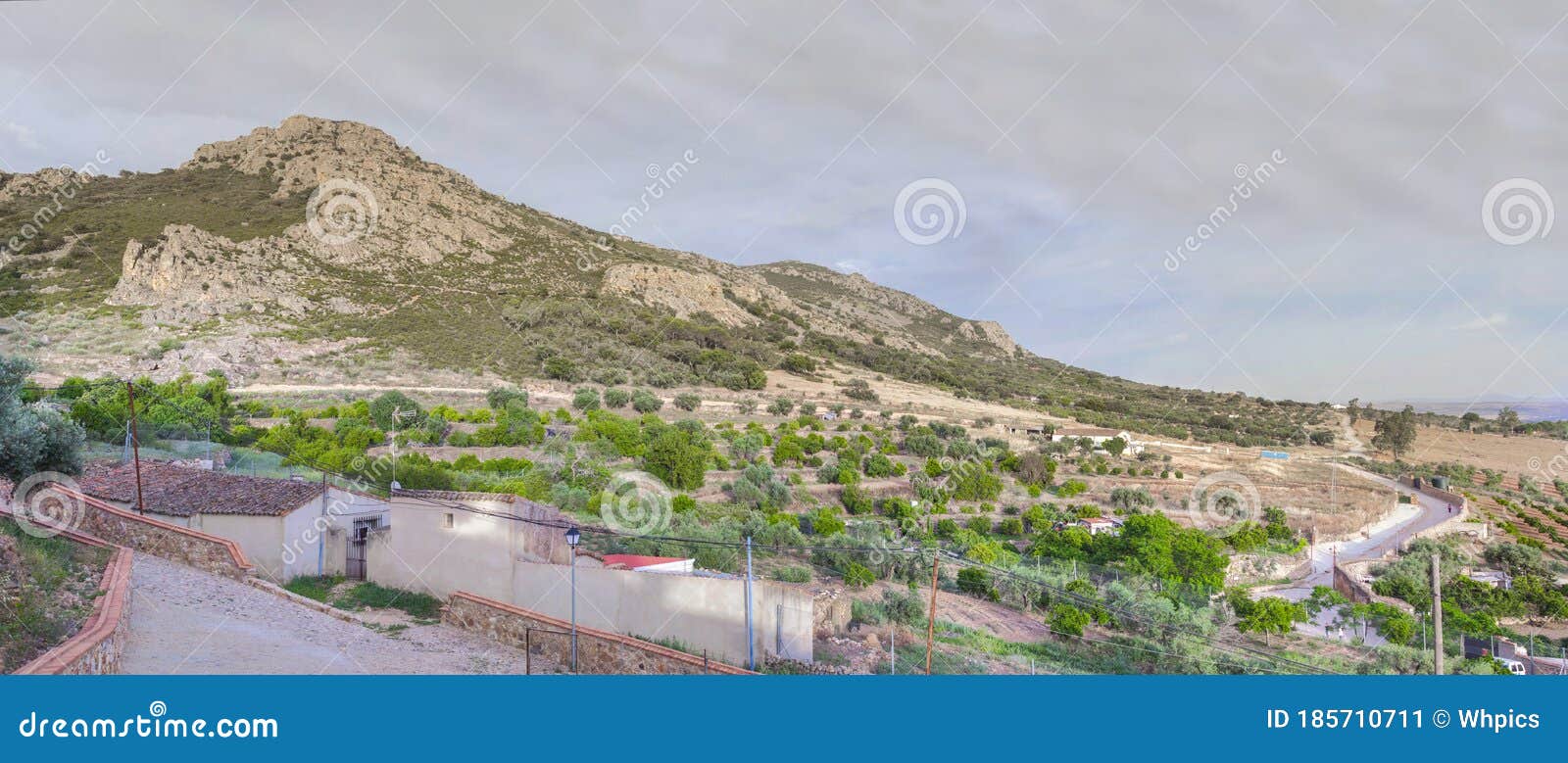 green belt with vegetable gardens along the sierra grande hillside, hornachos, extremadura, spain