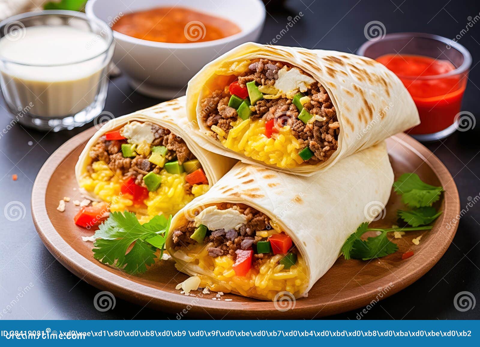 Morning Breakfast Burrito with Eggs, Bacon and Potatoes on a Plate