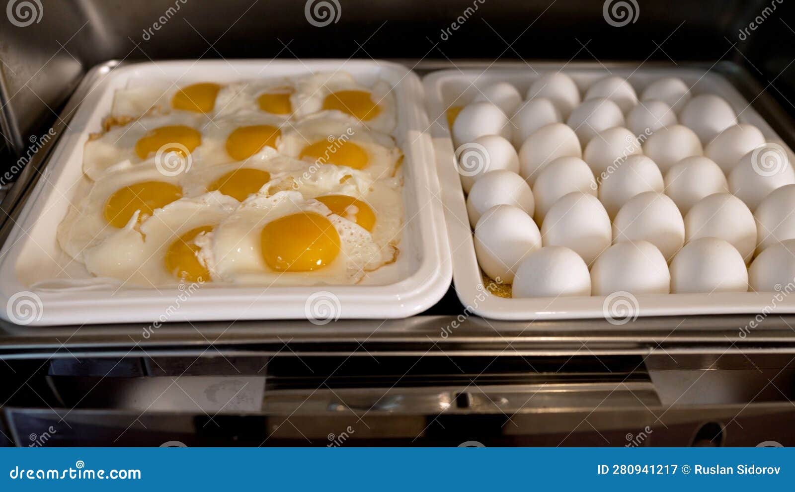 Morning Breakfast with Eggs at the Hotel. Fried Softboiled Eggs for