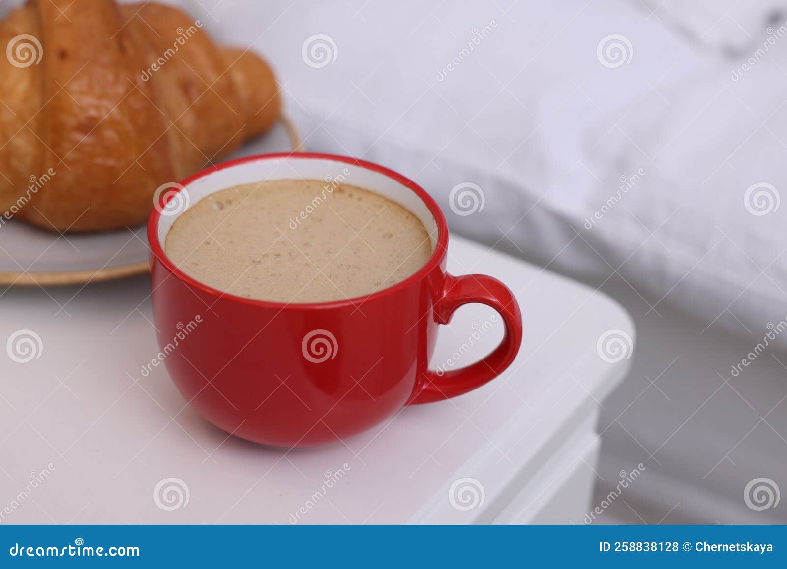 Morning Coffee and Croissant on White Table, Closeup. Space for Text