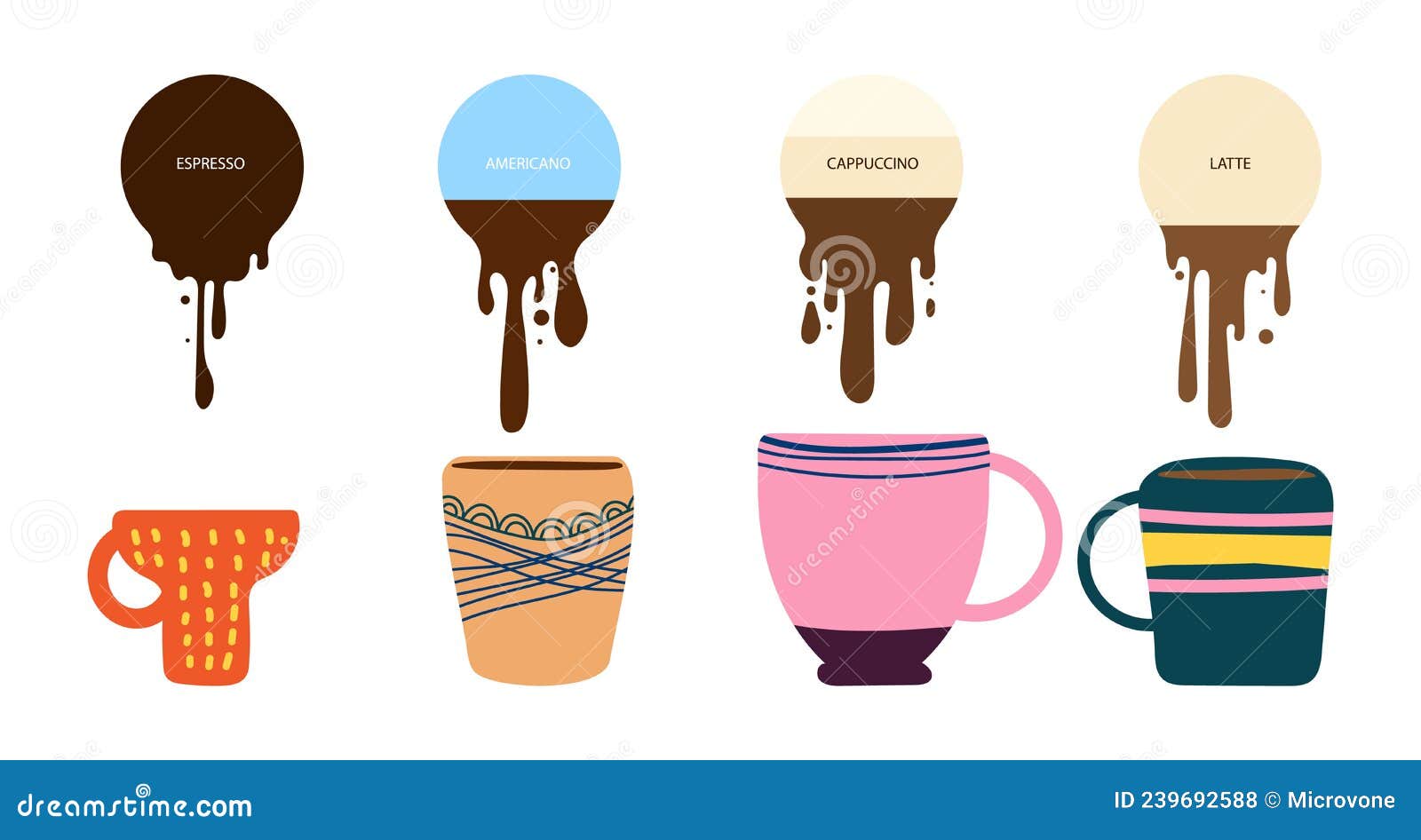 Morning coffee. Different drinks balance, espresso, americano, cappuccino  and latte. Boho style cups and mugs and liquid banners, cafe or bakery  Stock Vector Image & Art - Alamy