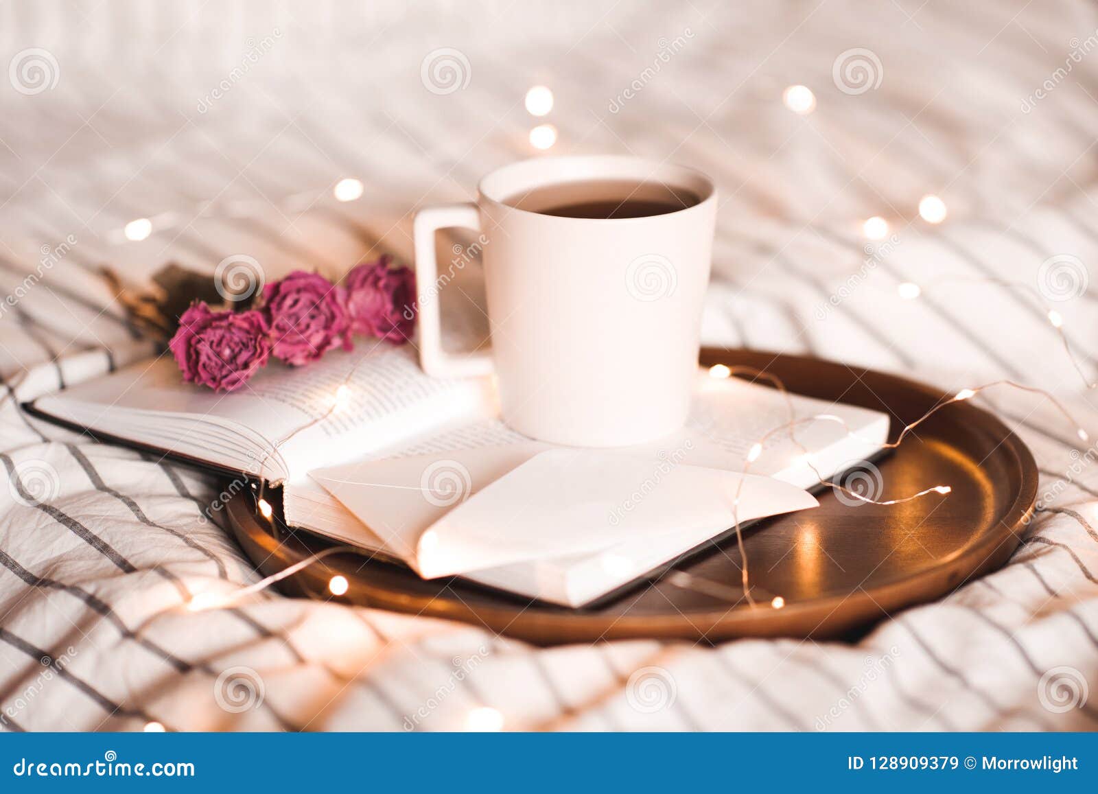 Morning Cup of Tea with Book Stock Image - Image of letter, lights ...