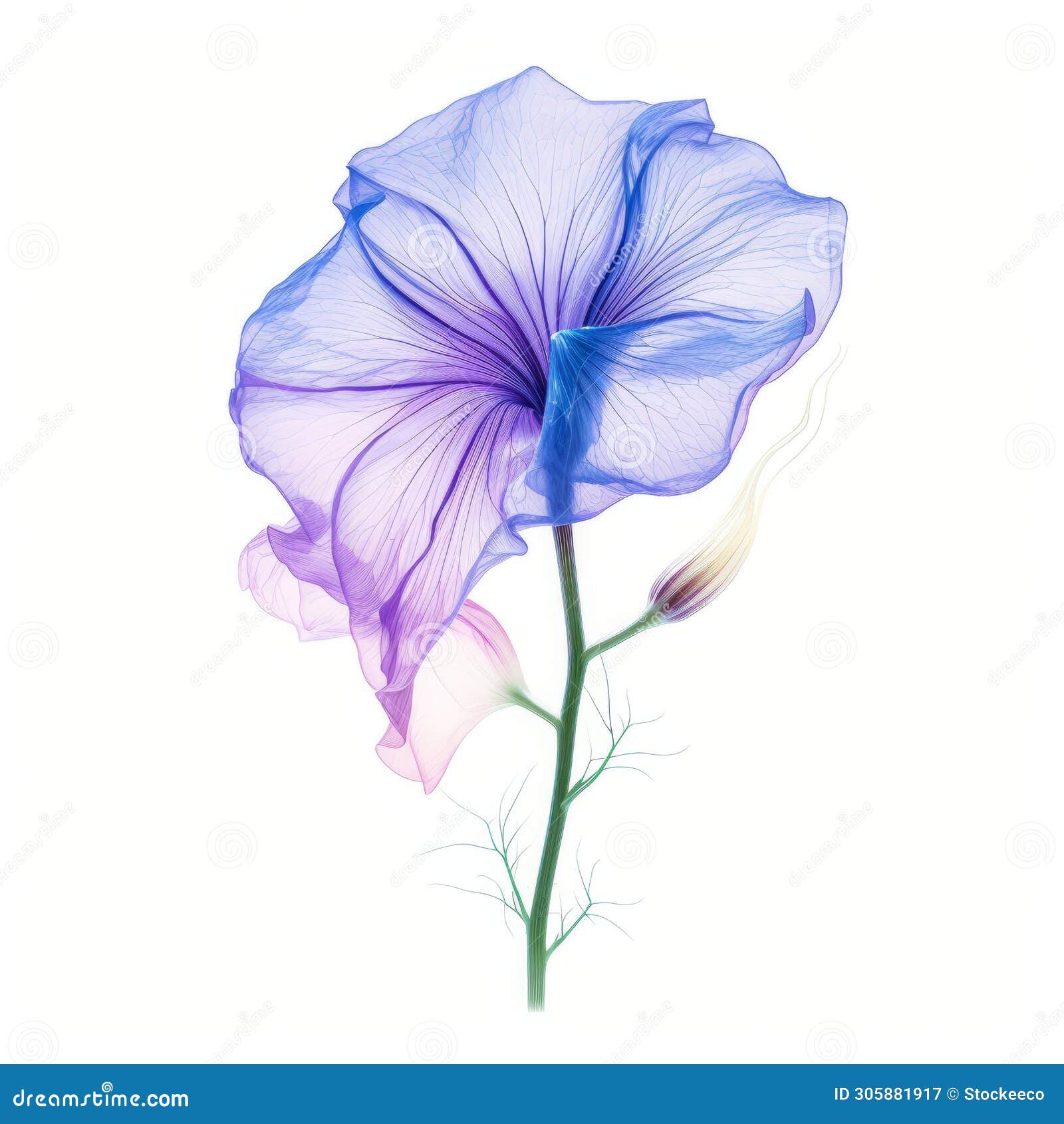 surrealistic blue morningglory flower on white background