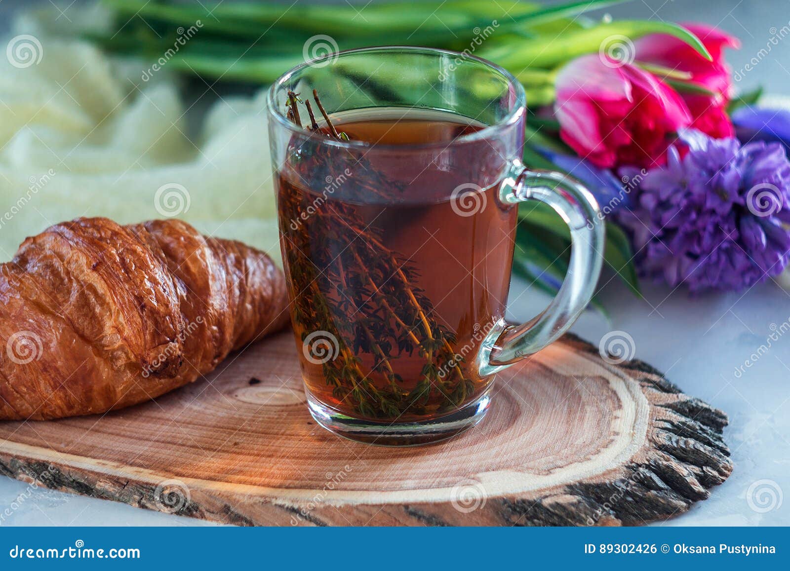 Morning Herbal Tea with Thyme and Croissant Stock Photo Image of