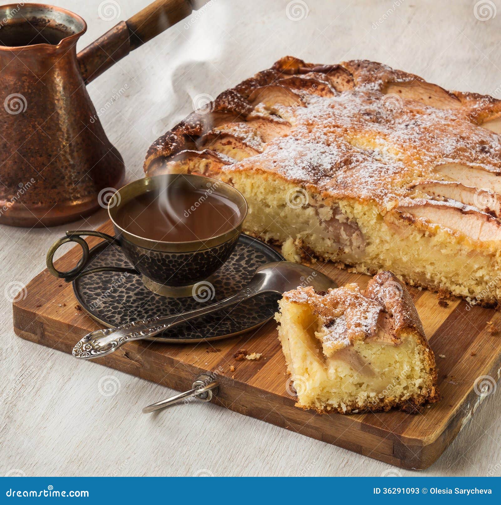 Morning Hot Coffee with a Portion of the Danish Apple Cake Stock Image