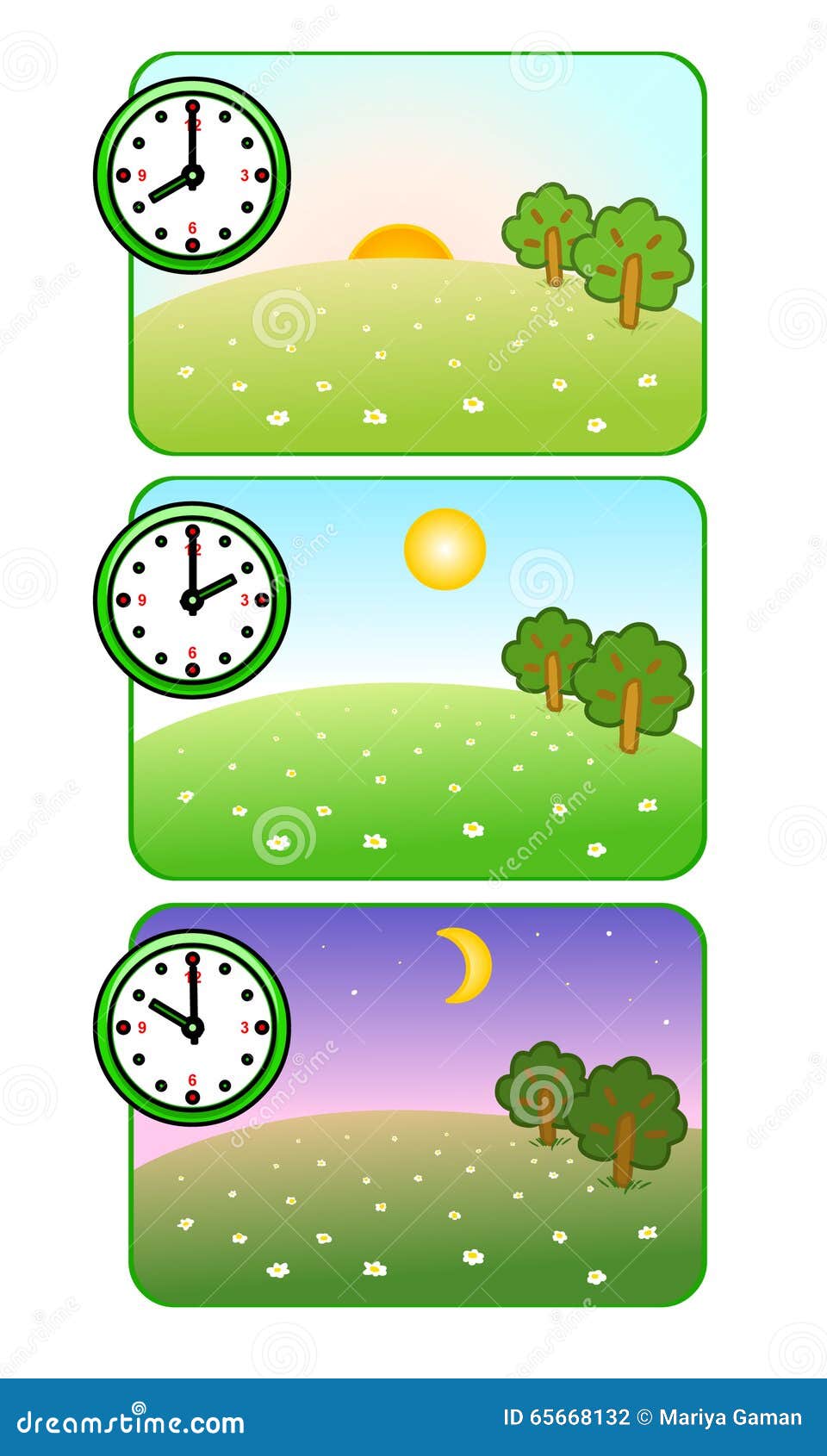 Morning Noon And Night Clock Shows Time Of Day Forest Glade The Sun Is Shining Moon And Stars Vector Stock Vector Illustration Of Time Trees