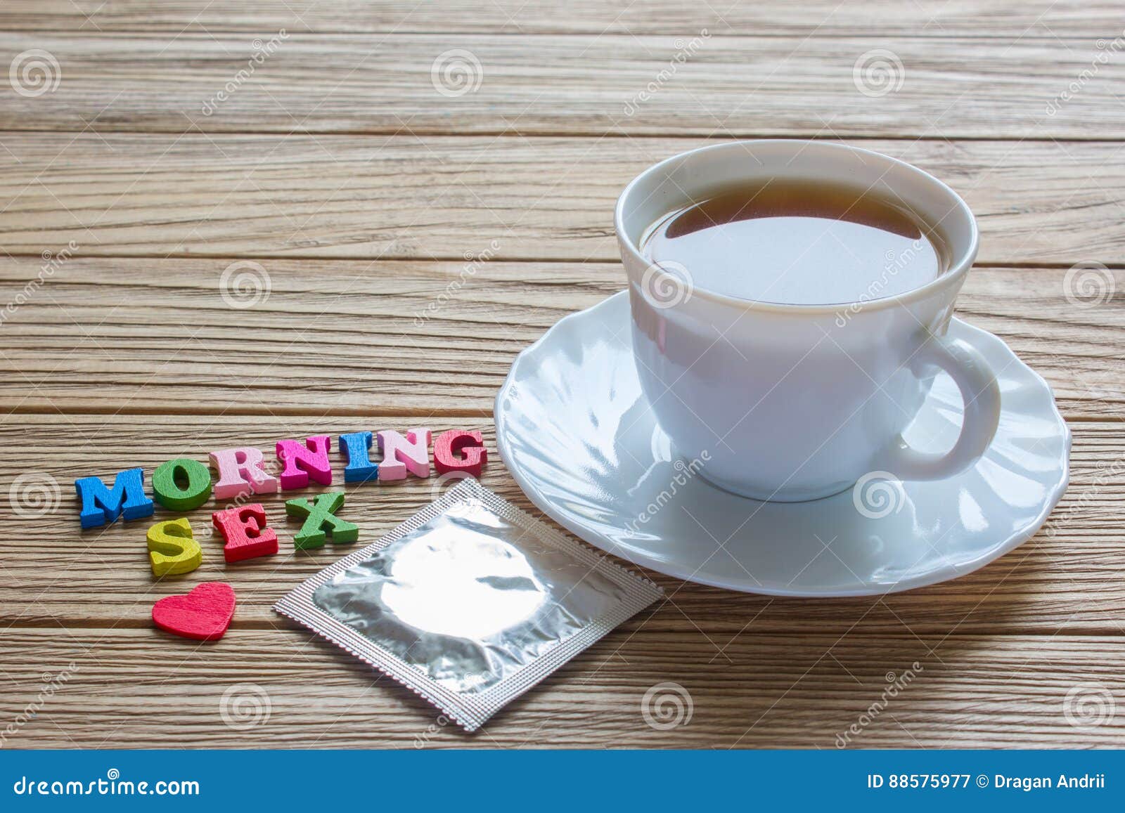 Morning Sex Words Condom and a Cup of Coffee Stock Image image