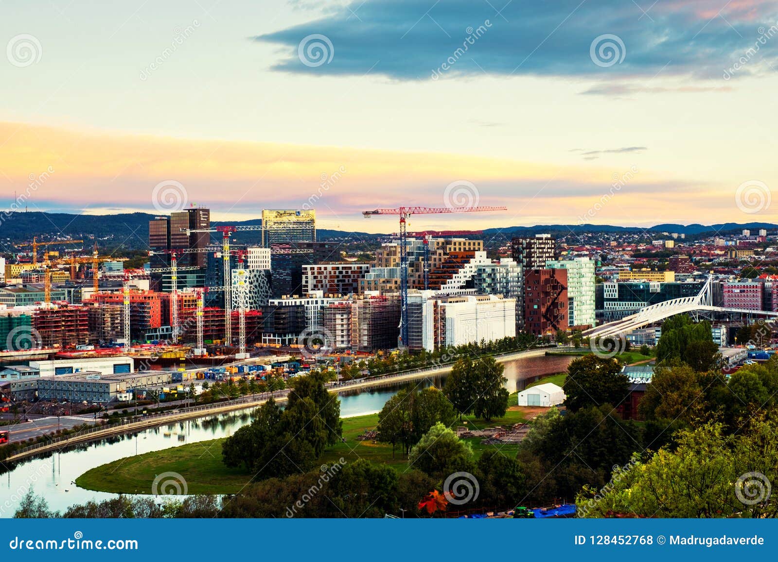 a morning view of sentrum area of oslo, norway, with barcode buildings