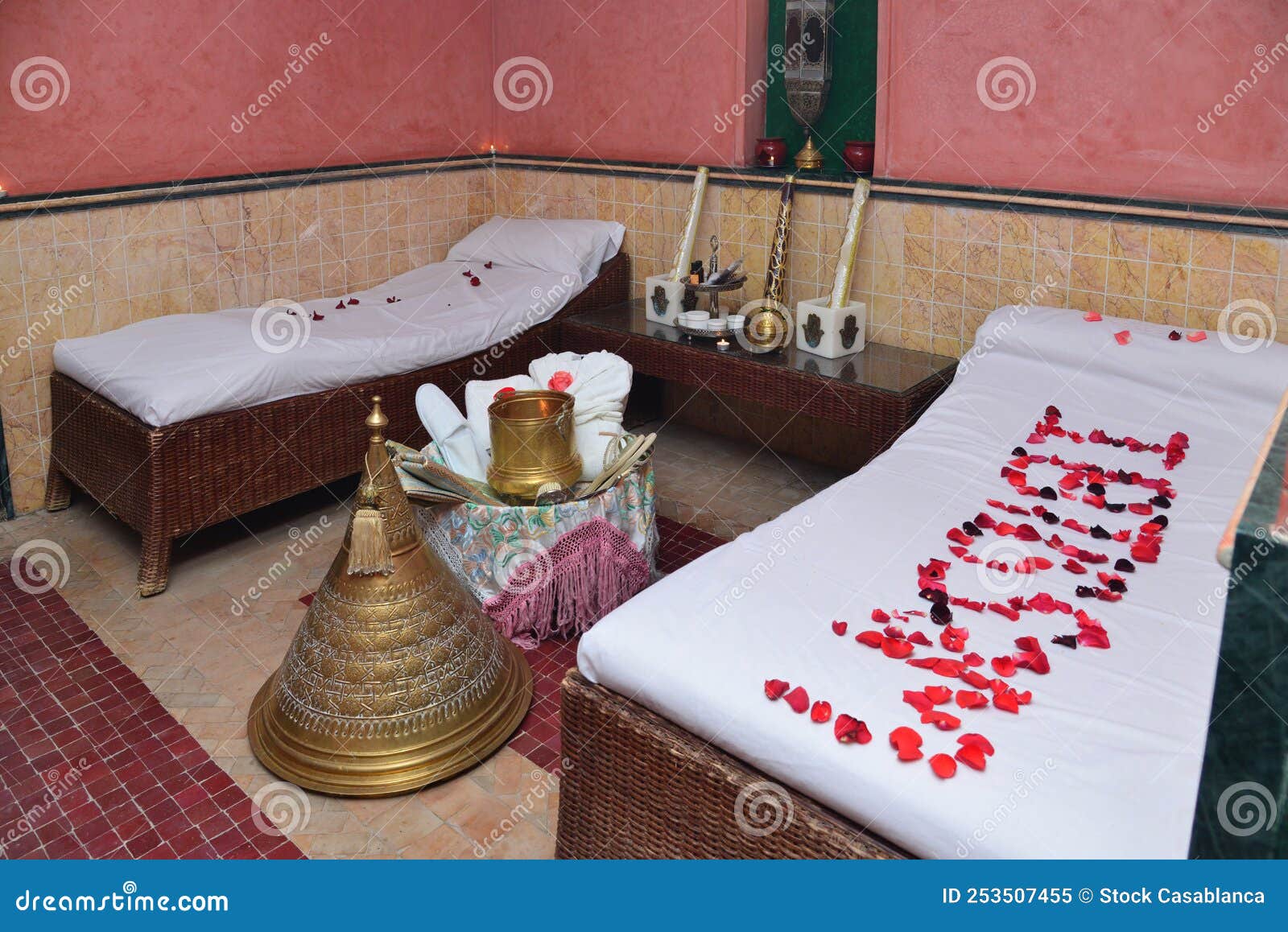 Moroccan Bath and Spa with Roses Above the Bed Stock Image Image of