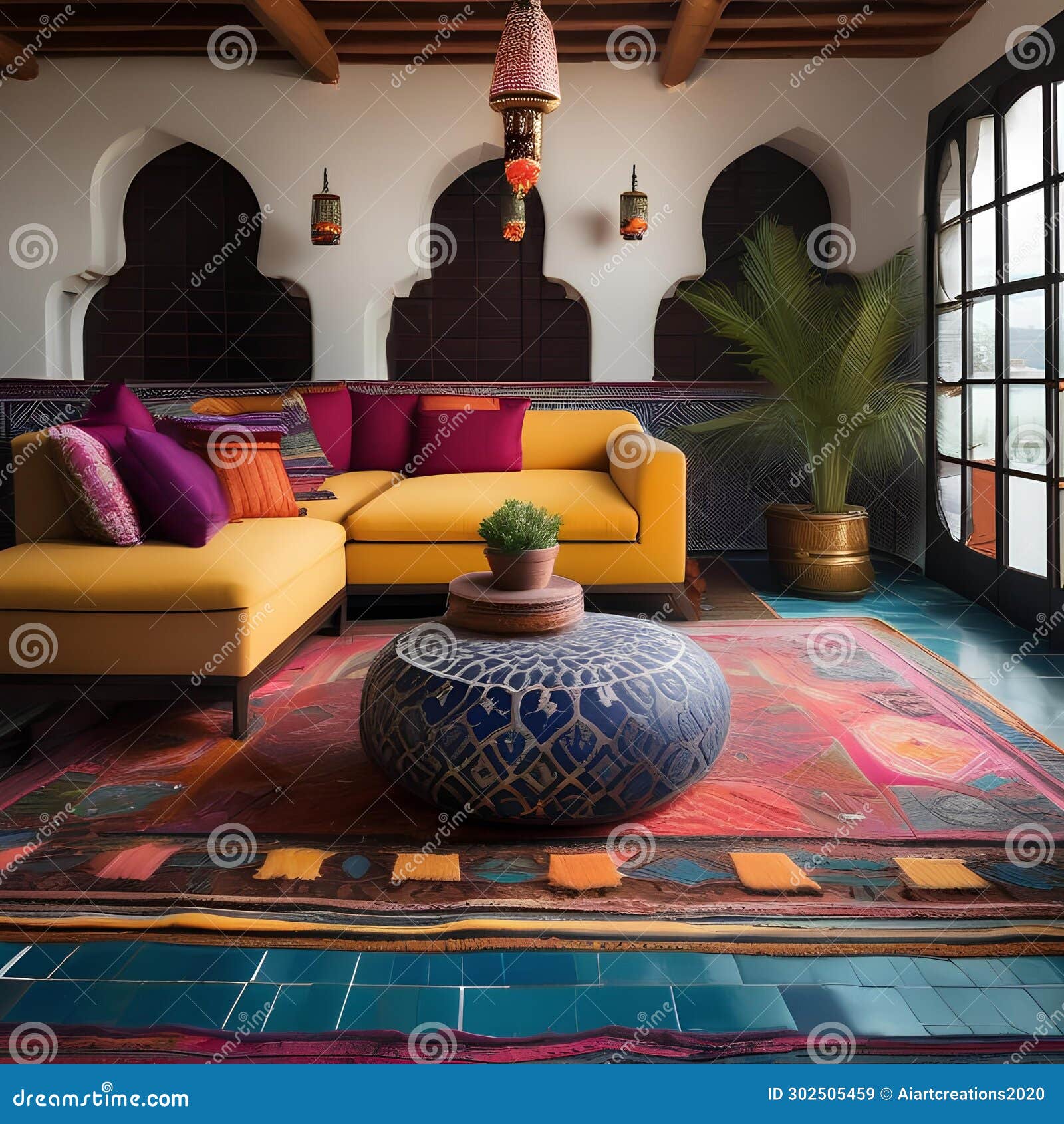 a moroccan-inspired lounge with vibrant rugs, poufs, mosaic tables, and intricate lanterns casting colorful patterns2