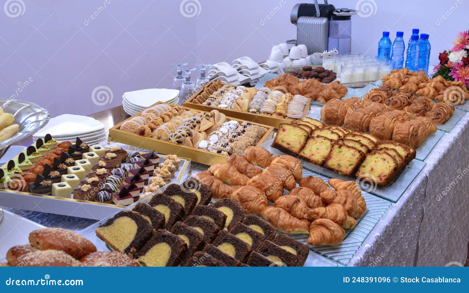 Buffet With Sweets. Fruits And Other Sweets On Dessert Table. Rows Of Tasty Looking Desserts In