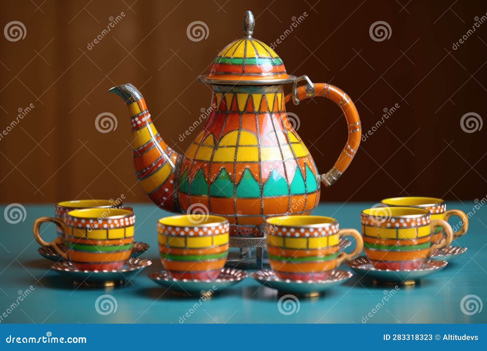 Moroccan Teapot with Colorful Tea Glasses Stock Illustration