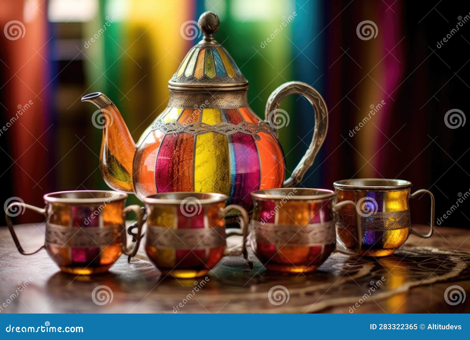 Moroccan Teapot with Colorful Tea Glasses Stock Illustration