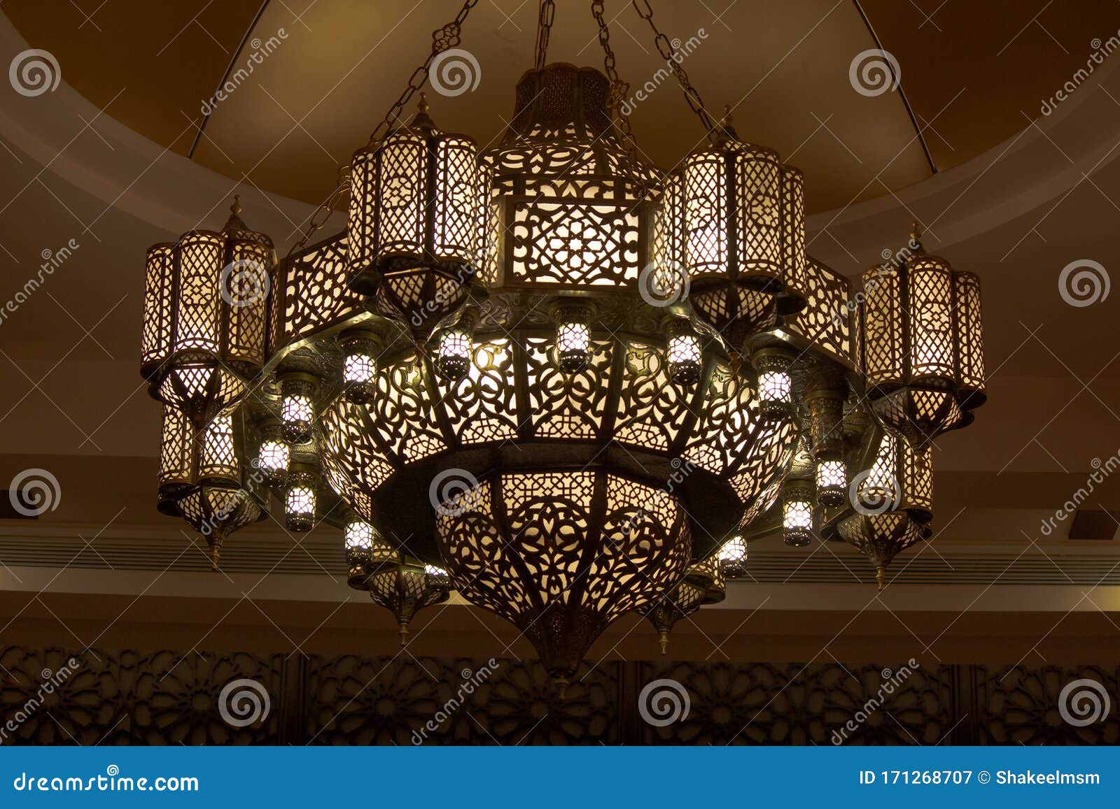 Morocco Ornate Metal Lamp in the Wall of a Mosque, Qatar.Morocco Style