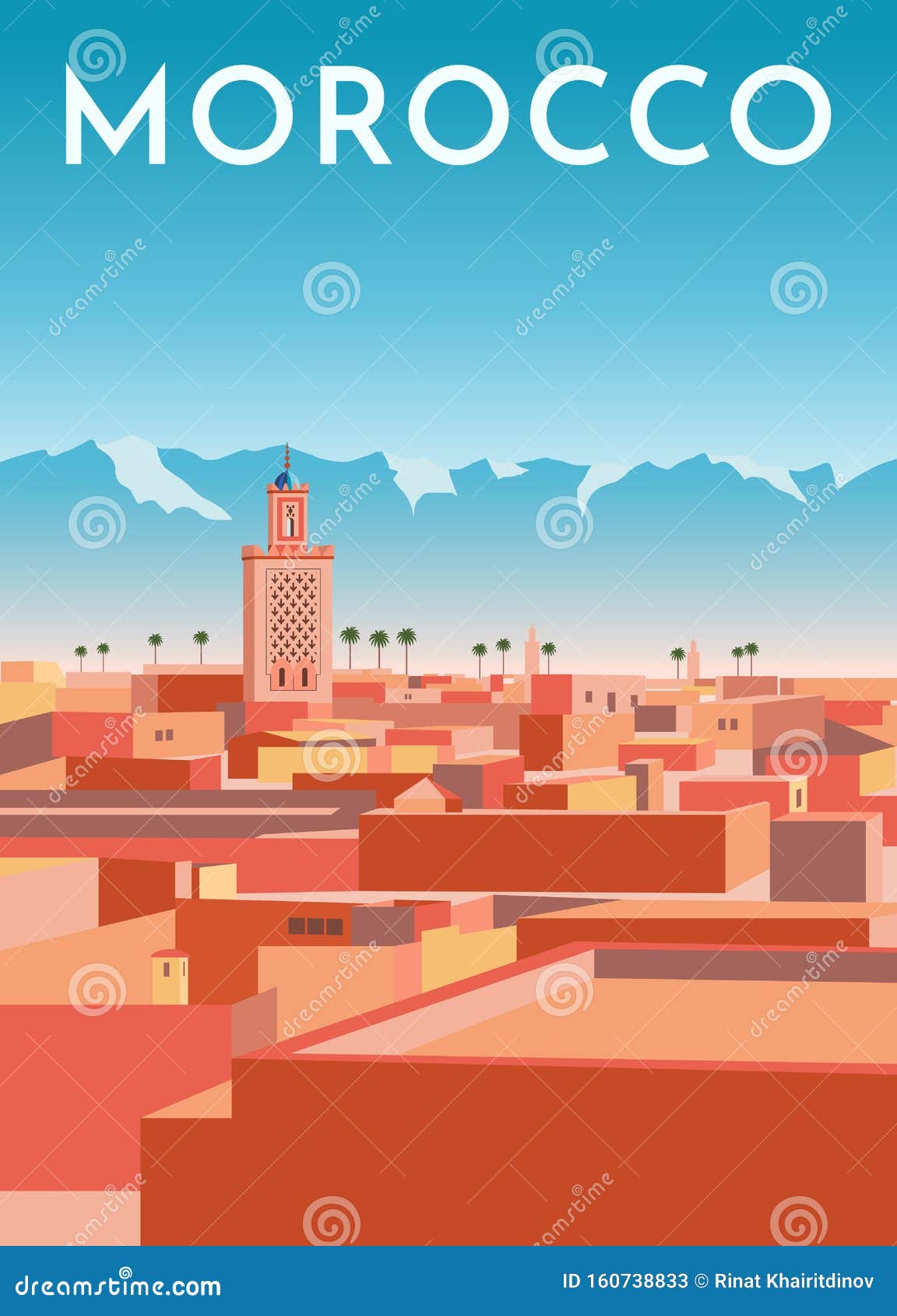 morocco travel retro poster, vintage banner. panorama of marrakech city with houses, mosque, mountains. flat  