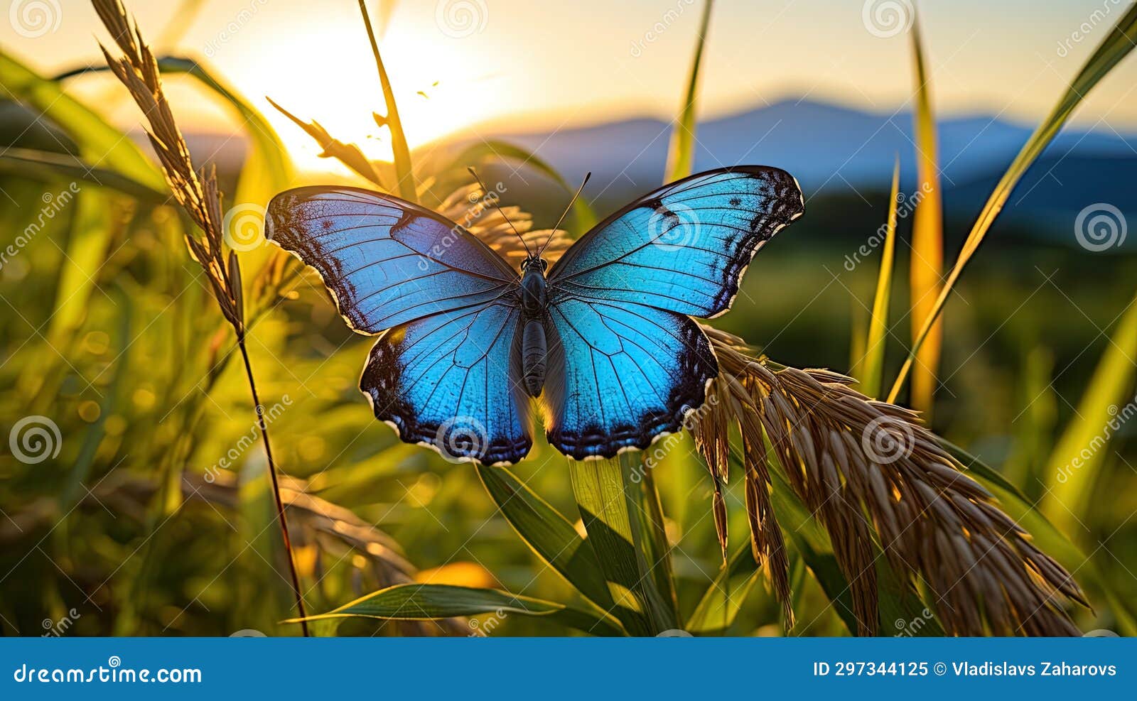 morpho butterfly surveys the landscape, standing in tall green grass amidst mountains and a sunset