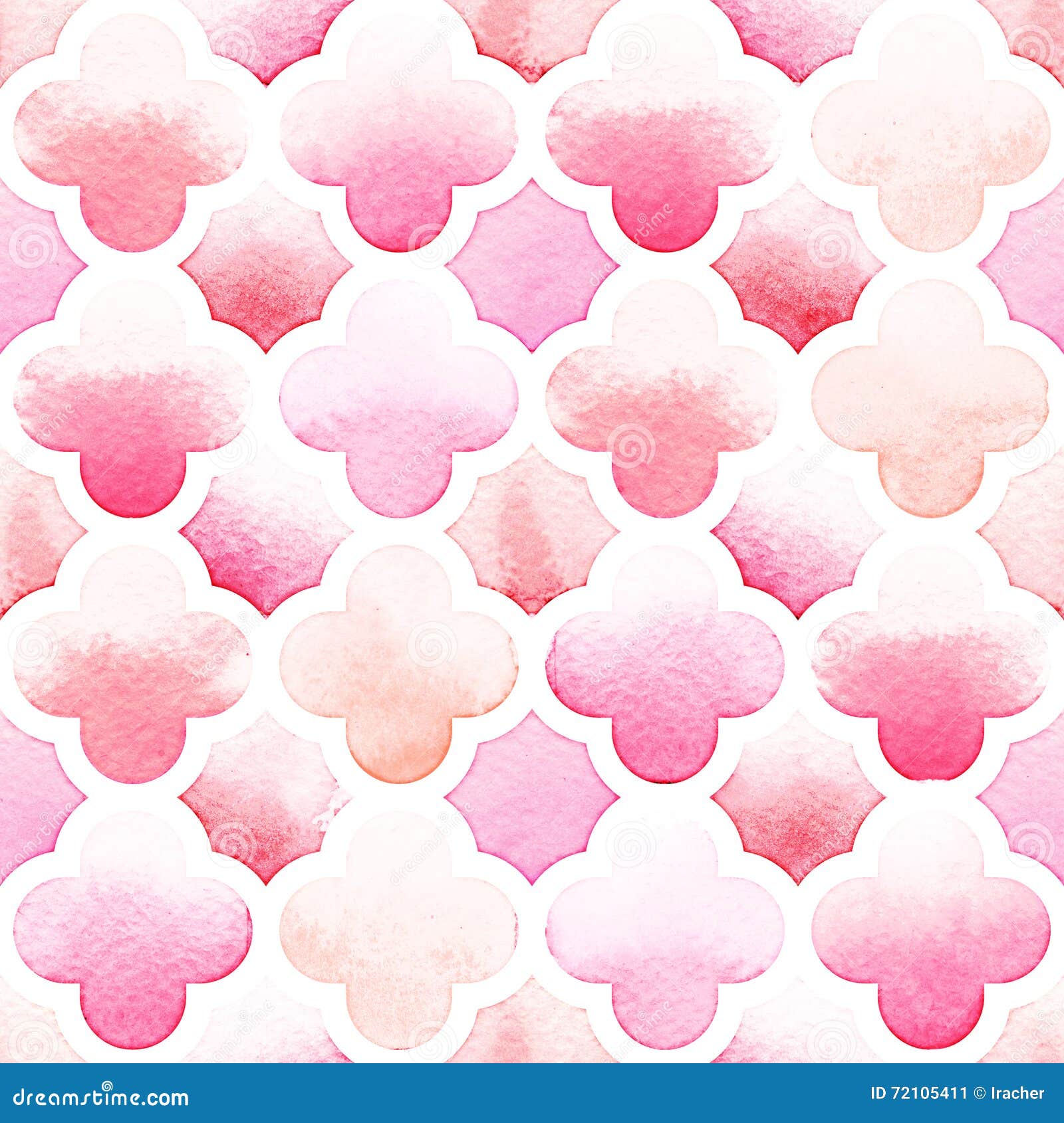 morrocan ornament of pink colors with quatrefoil on white background. watercolor seamless pattern