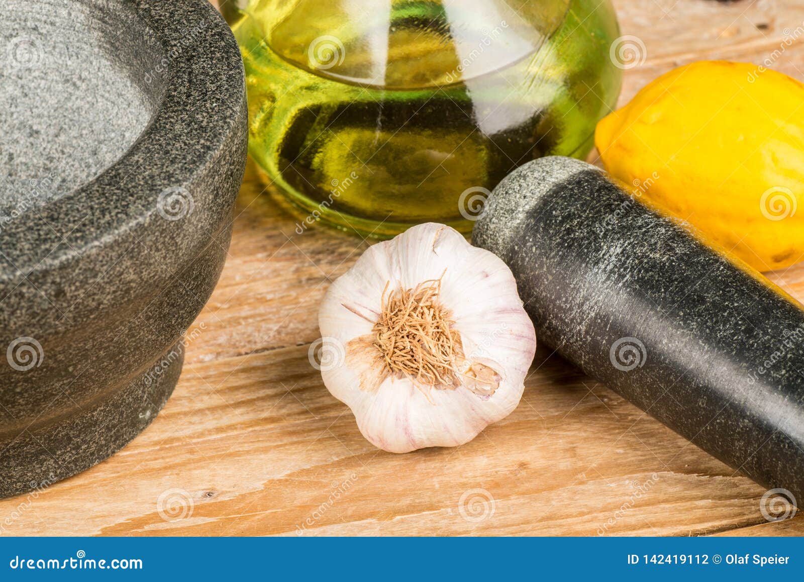 Mortar and Pestle with Alioli Ingredients Stock Photo Image of