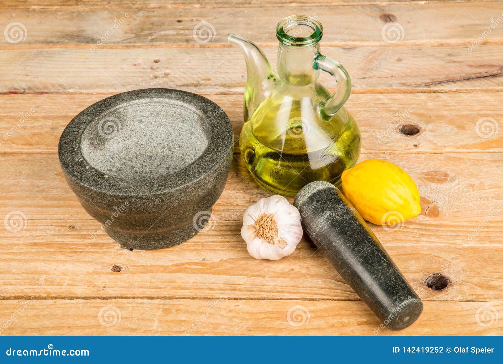 Mortar and Pestle with Alioli Ingredients Stock Photo Image of