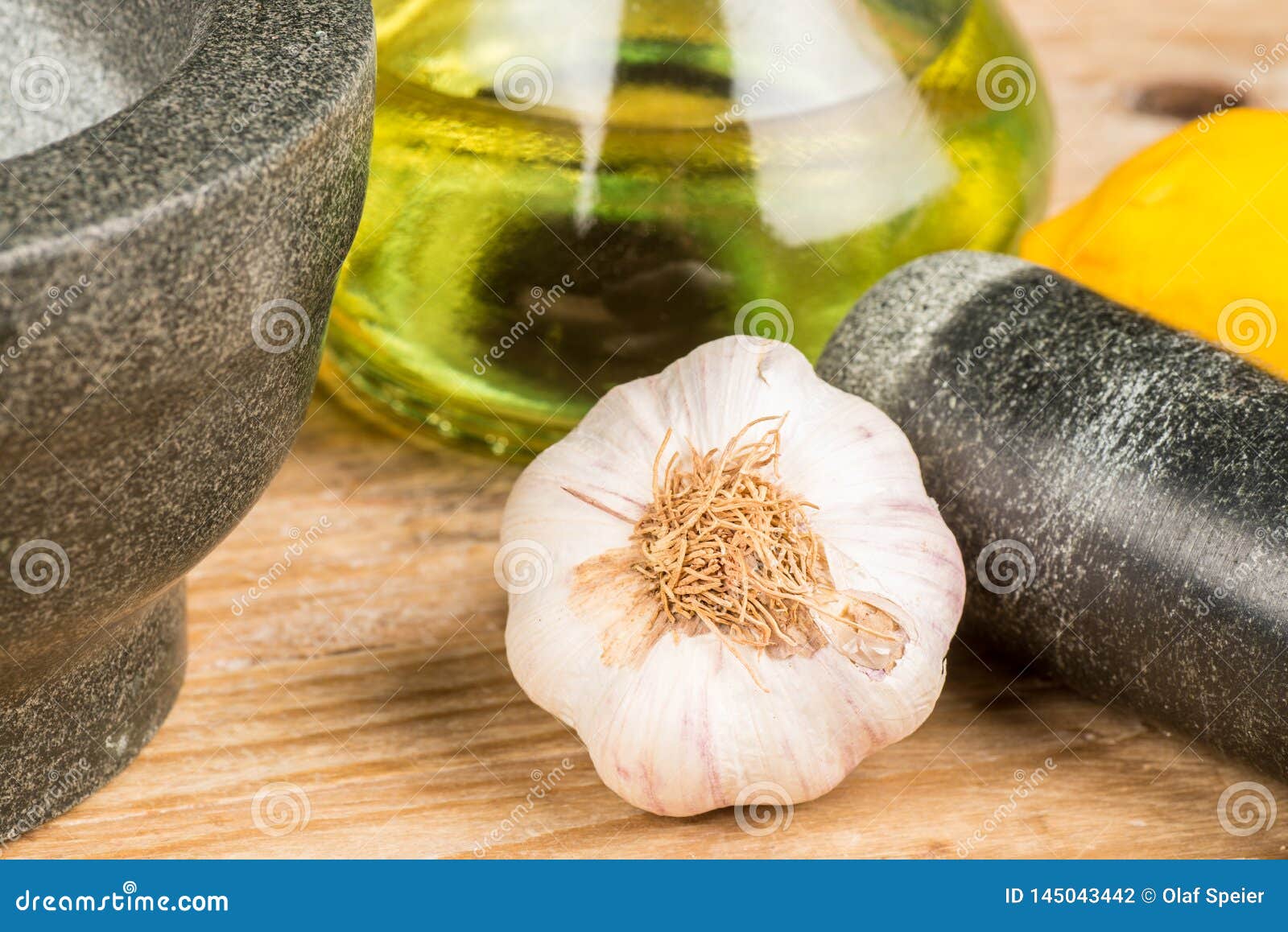 Mortar and Pestle with Alioli Ingredients Stock Photo Image of