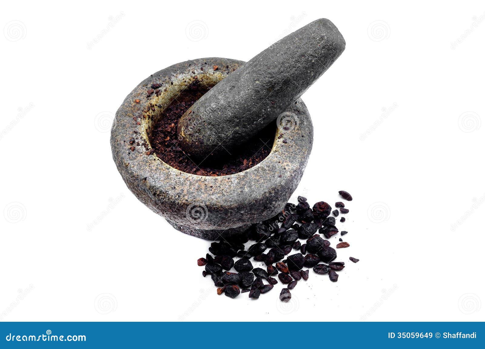 Mortar and Pestle with Black Coffee and Coffee Beans Stock Image