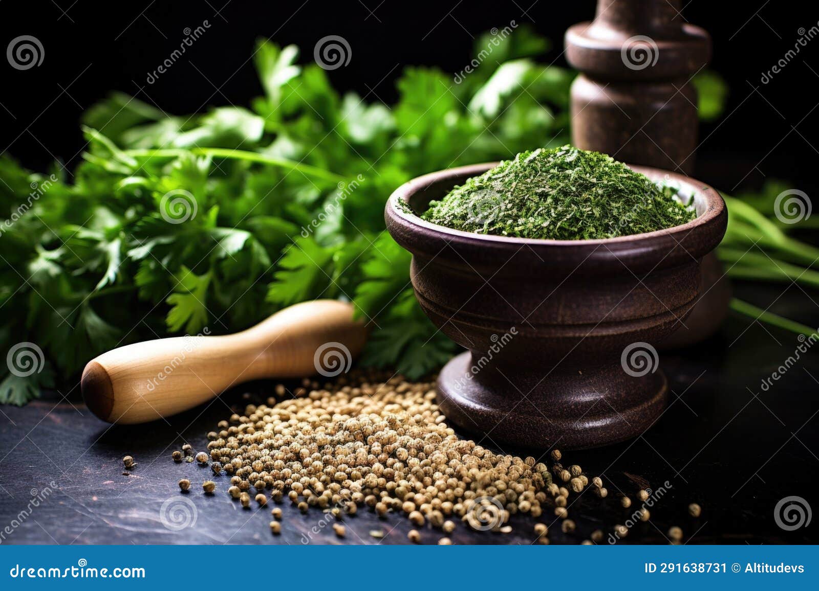 Mortar and Pestle with Coriander Seeds on a Dark Kitchen Counter Stock
