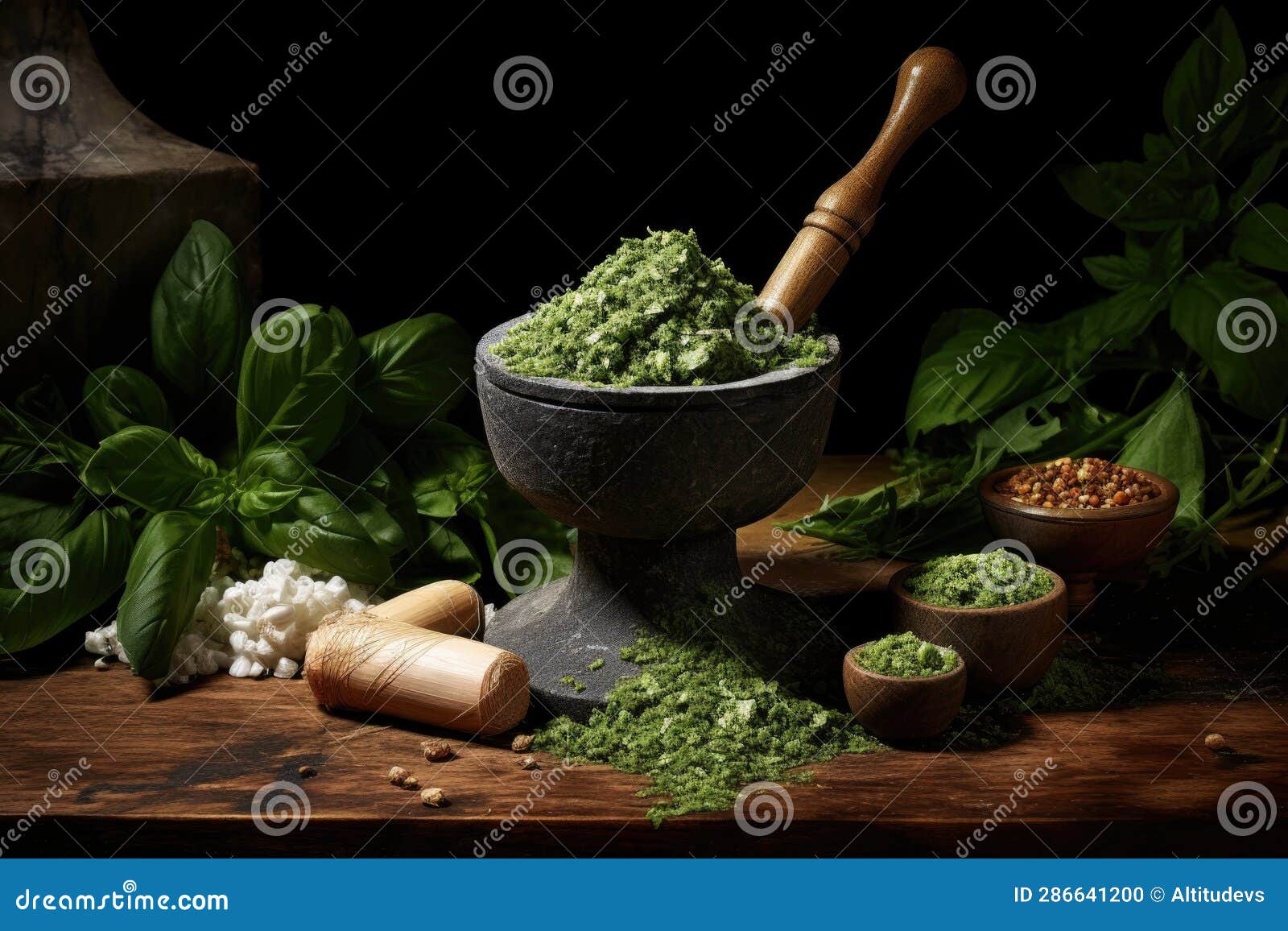 Mortar and Pestle with Crushed Pesto Ingredients Stock Photo Image of