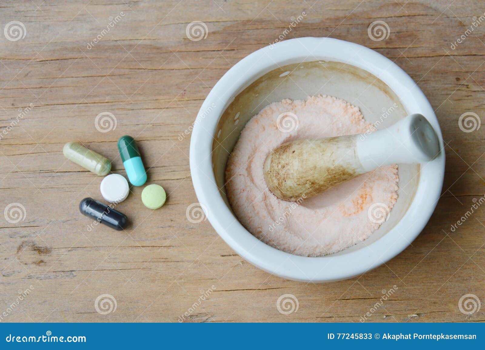 Mortar and Pestle for Crushed Pill on Wooden Board Stock Image Image