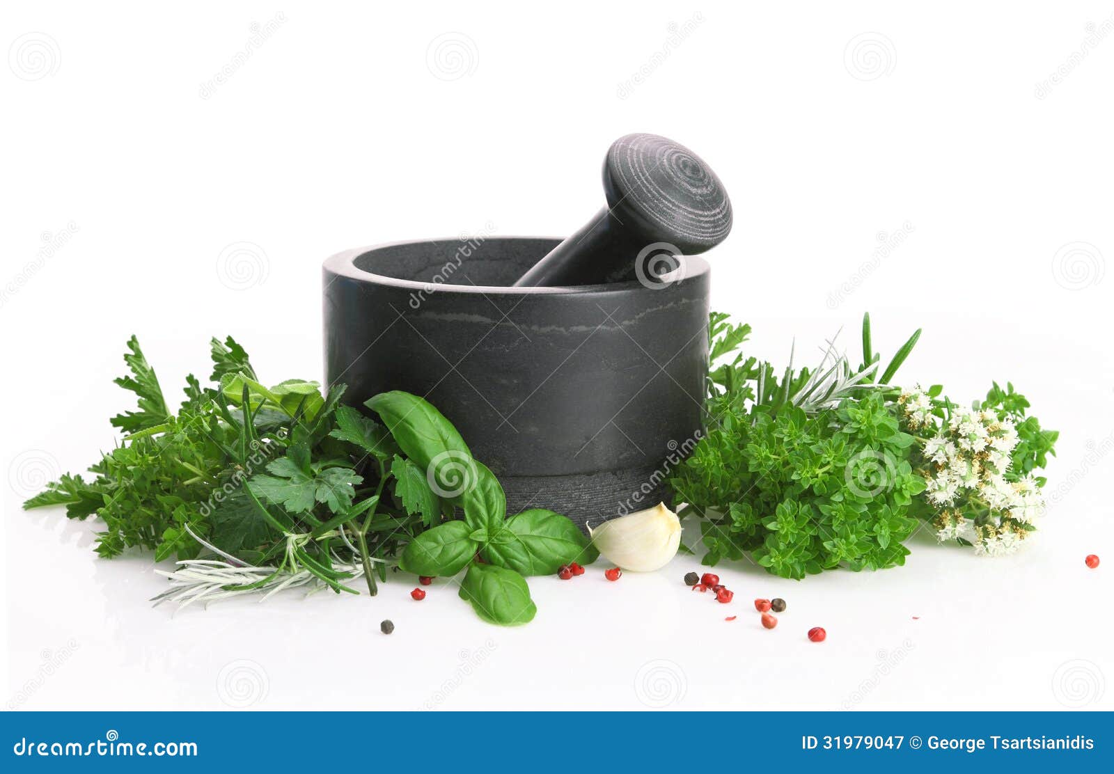 Mortar and Pestle with Fresh Herbs Stock Image Image of health