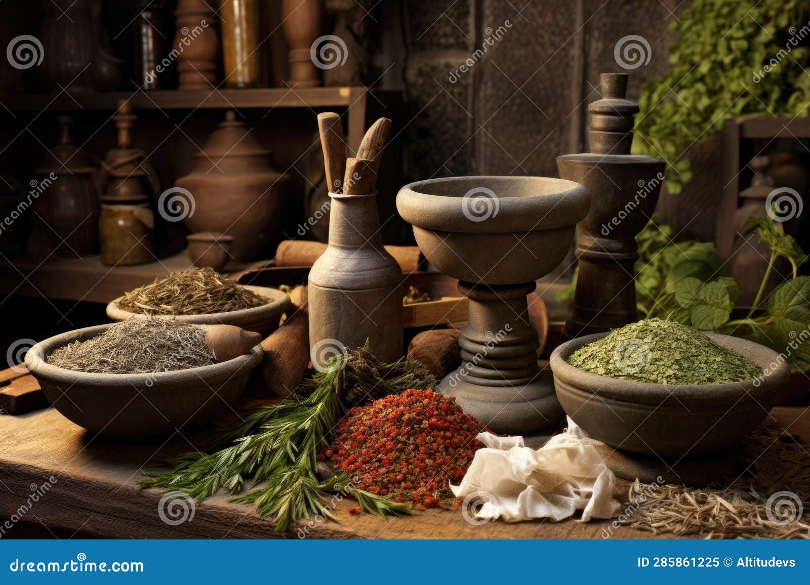 Mortar and Pestle Grinding Various Medicinal Herbs Stock Image Image