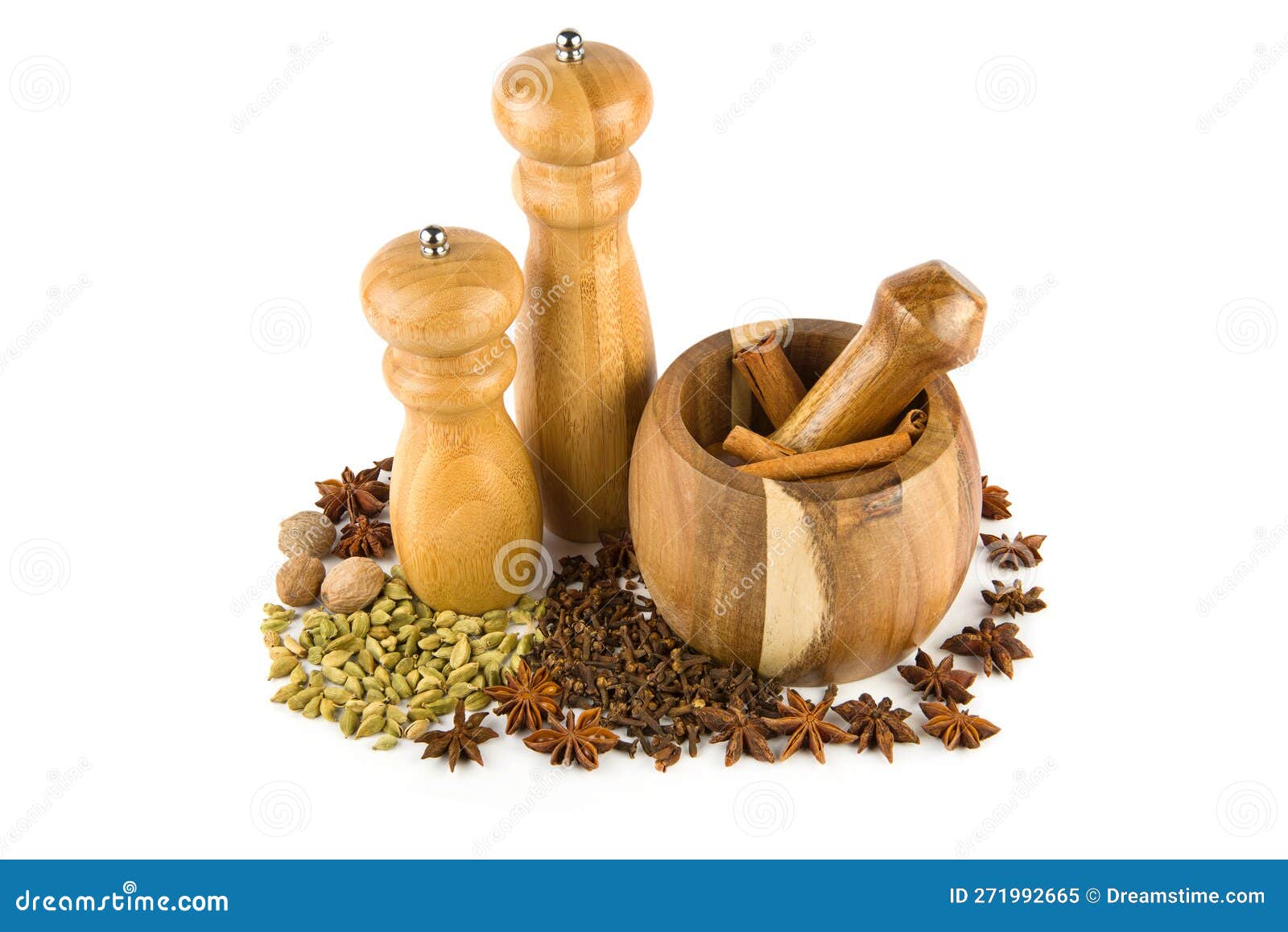 Mortar with Pestle, Hand Grinder and Spices Set Isolated on White