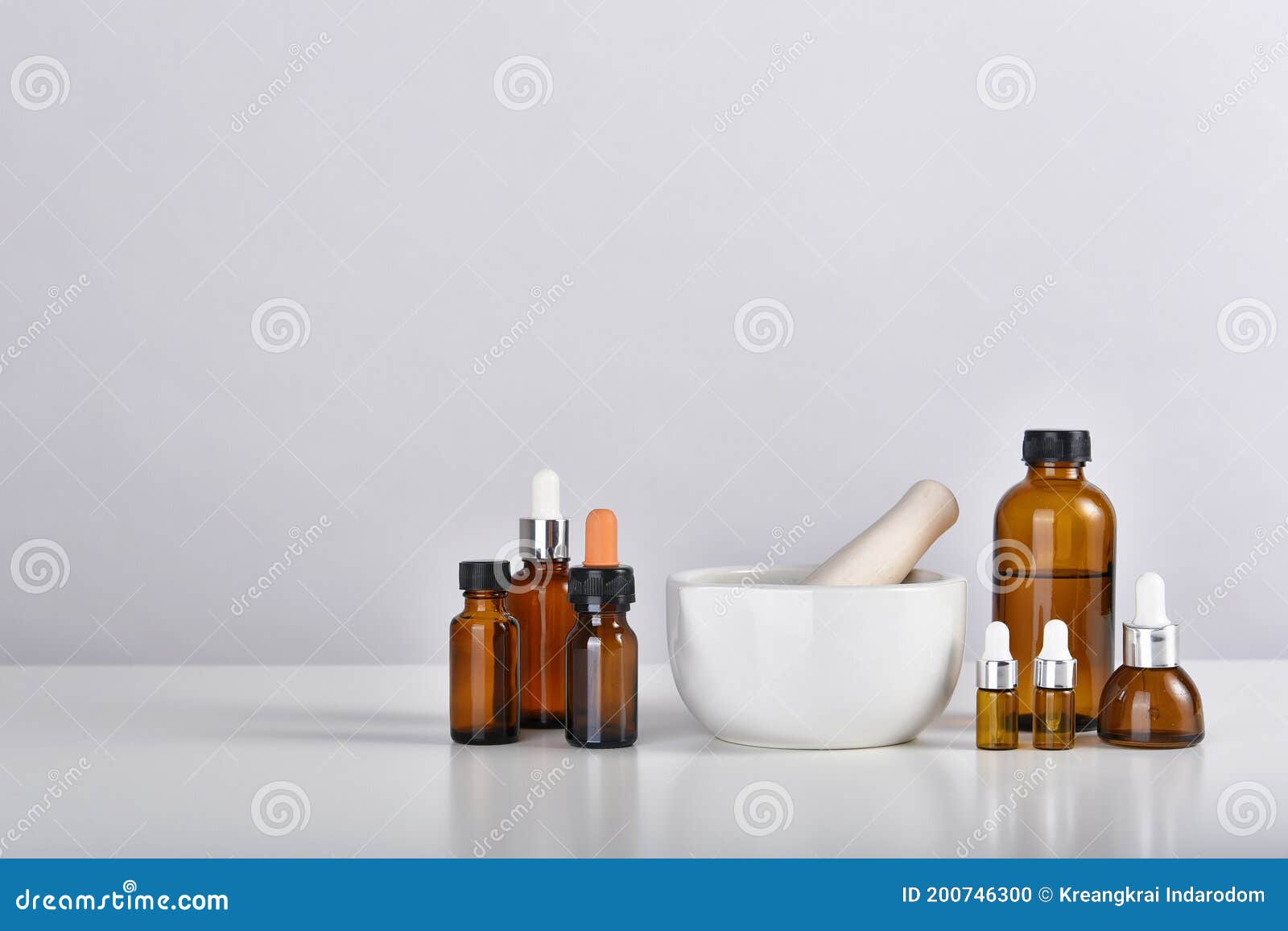 Mortar and Pestle with Medicine Bottles, Alternative Medicine in Laboratory Stock Photo Image
