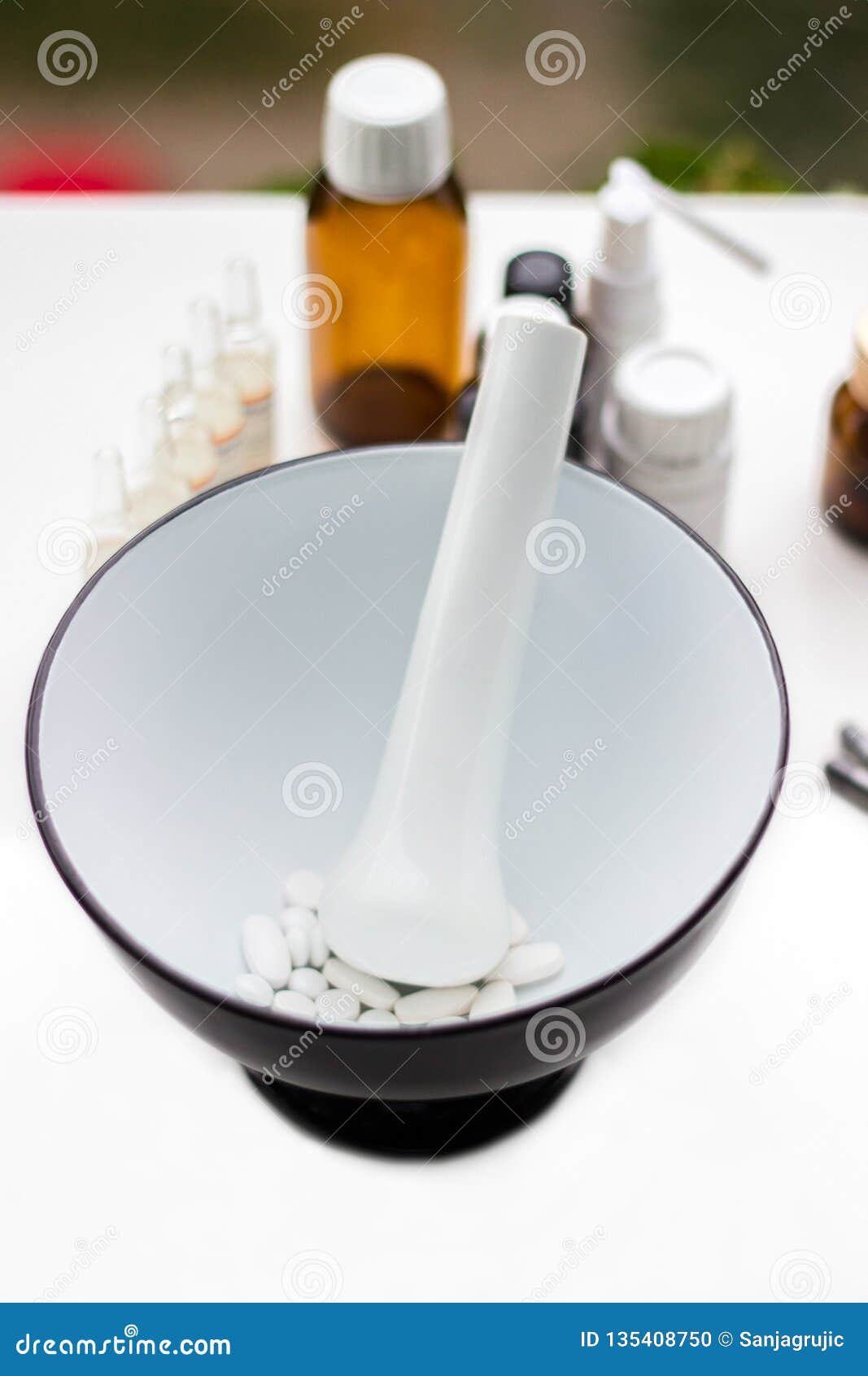Mortar and Pestle with Pills and Pill Bottles Stock Photo Image of