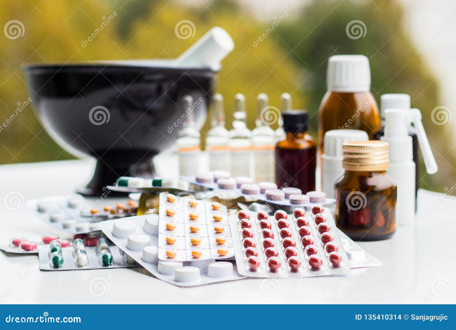 Mortar and Pestle with Pills and Pill Bottles Stock Photo Image of