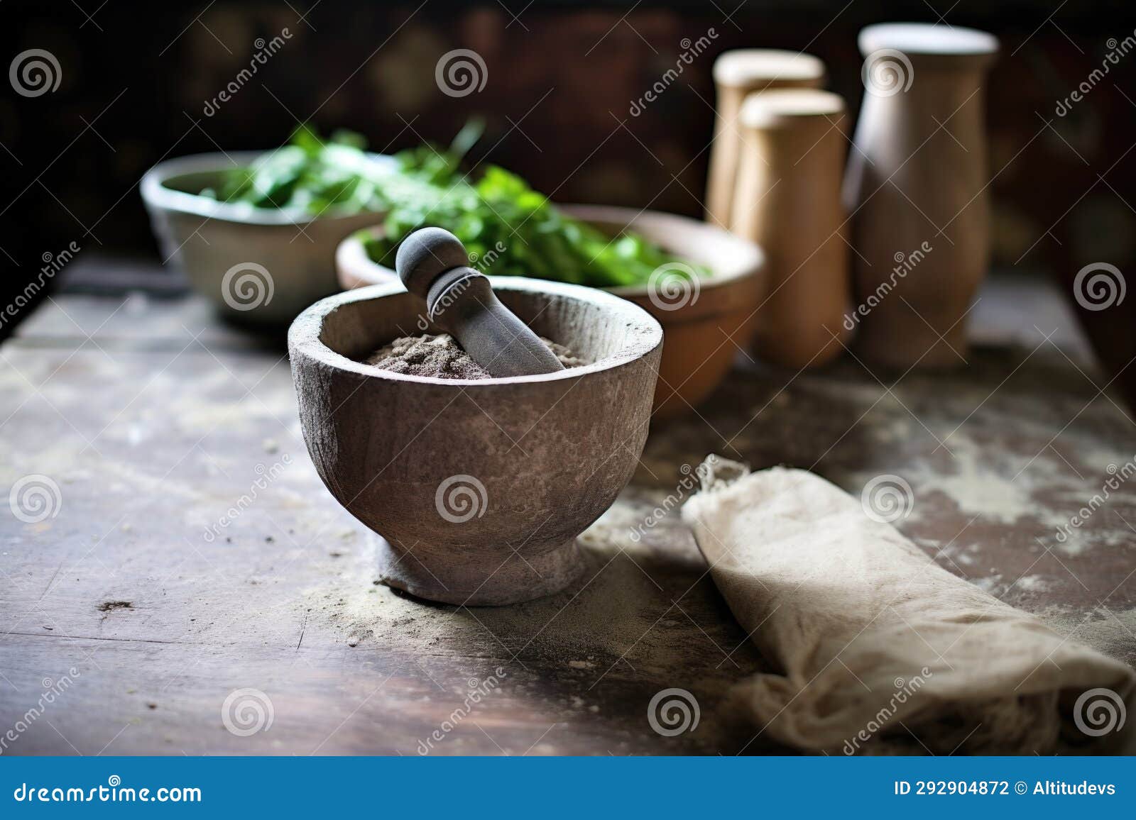 Mortar and Pestle on a Rustic Kitchen Table Stock Photo Image of