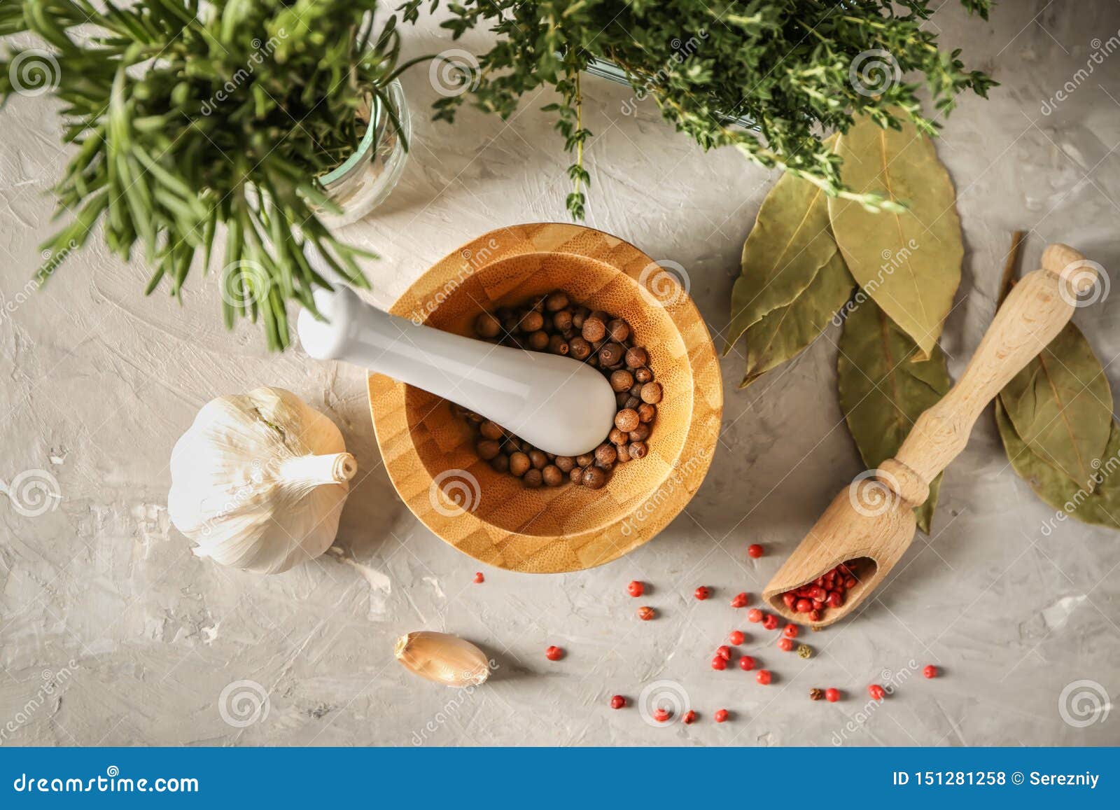 Mortar with Pestle, Spices and Herbs on Table, Top View Stock Photo Image of background, bunch