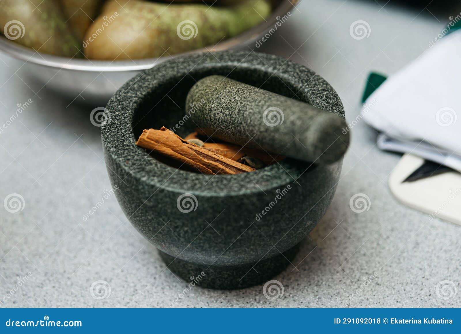 Mortar and Pestle with Spices on a Kitchen Table Stock Photo Image of