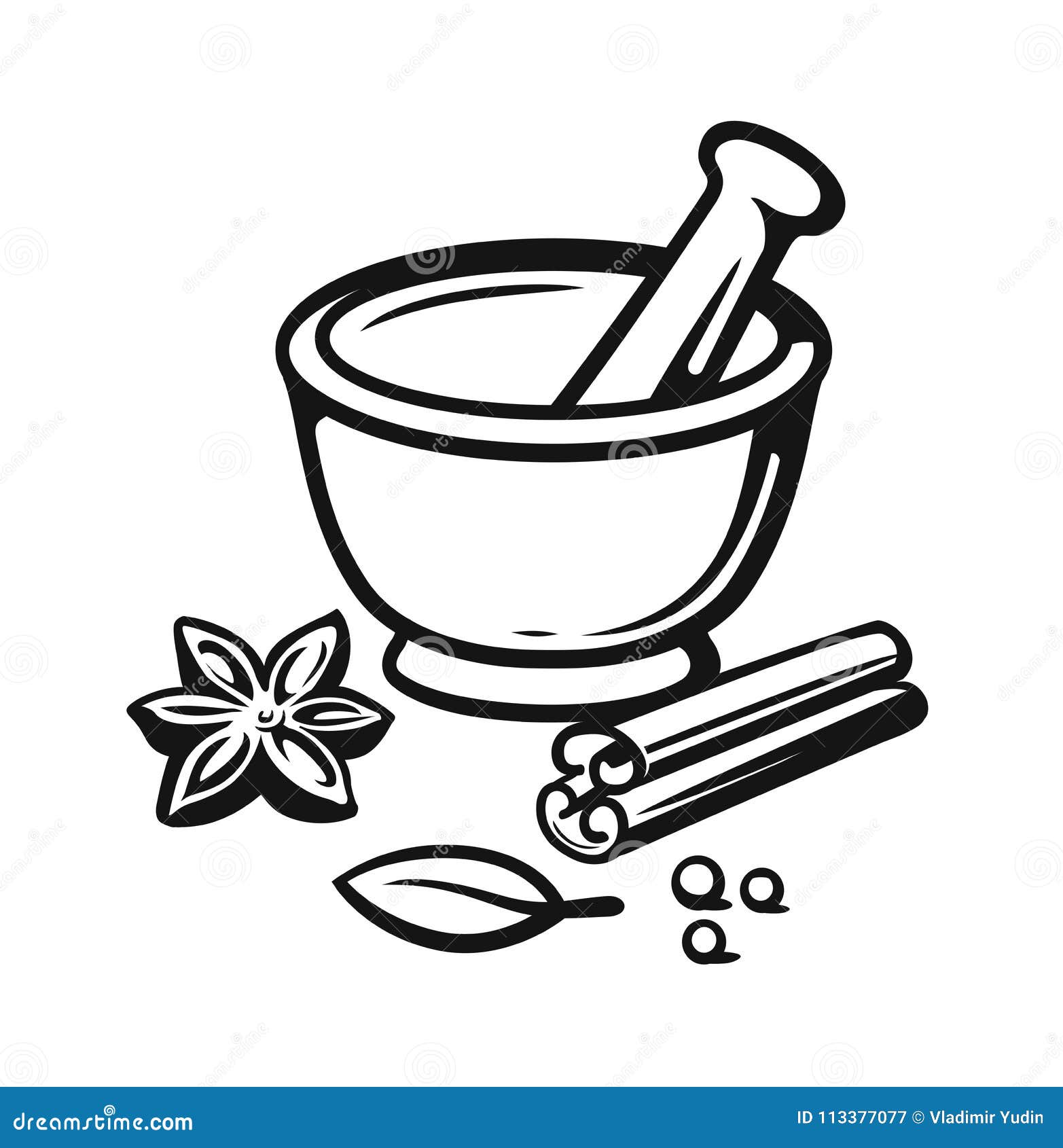 mortar and pestle with spices outline style.