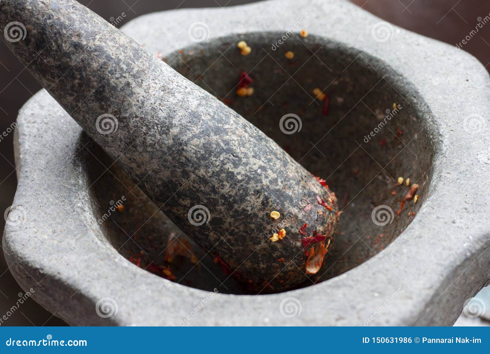 Mortar and Pestle for Use in Chili Paste As an Ingredient. Stock Photo