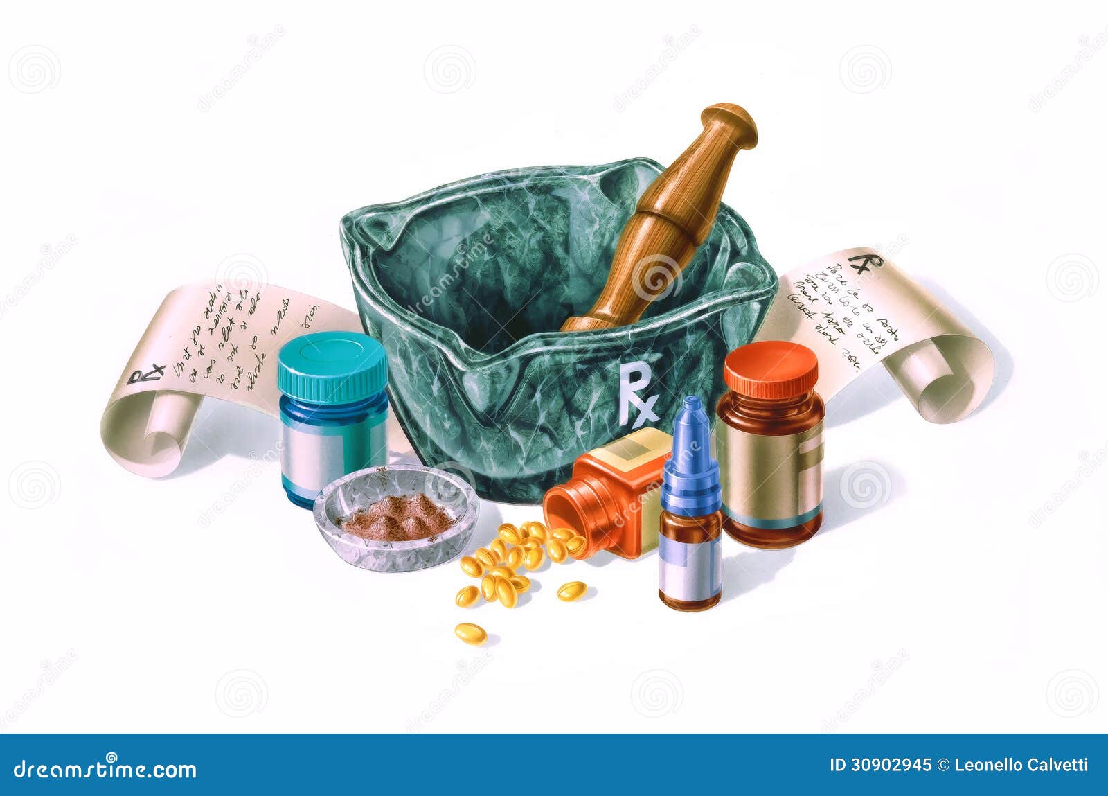 mortar surrounded by drugs, medicines and prescriptions.