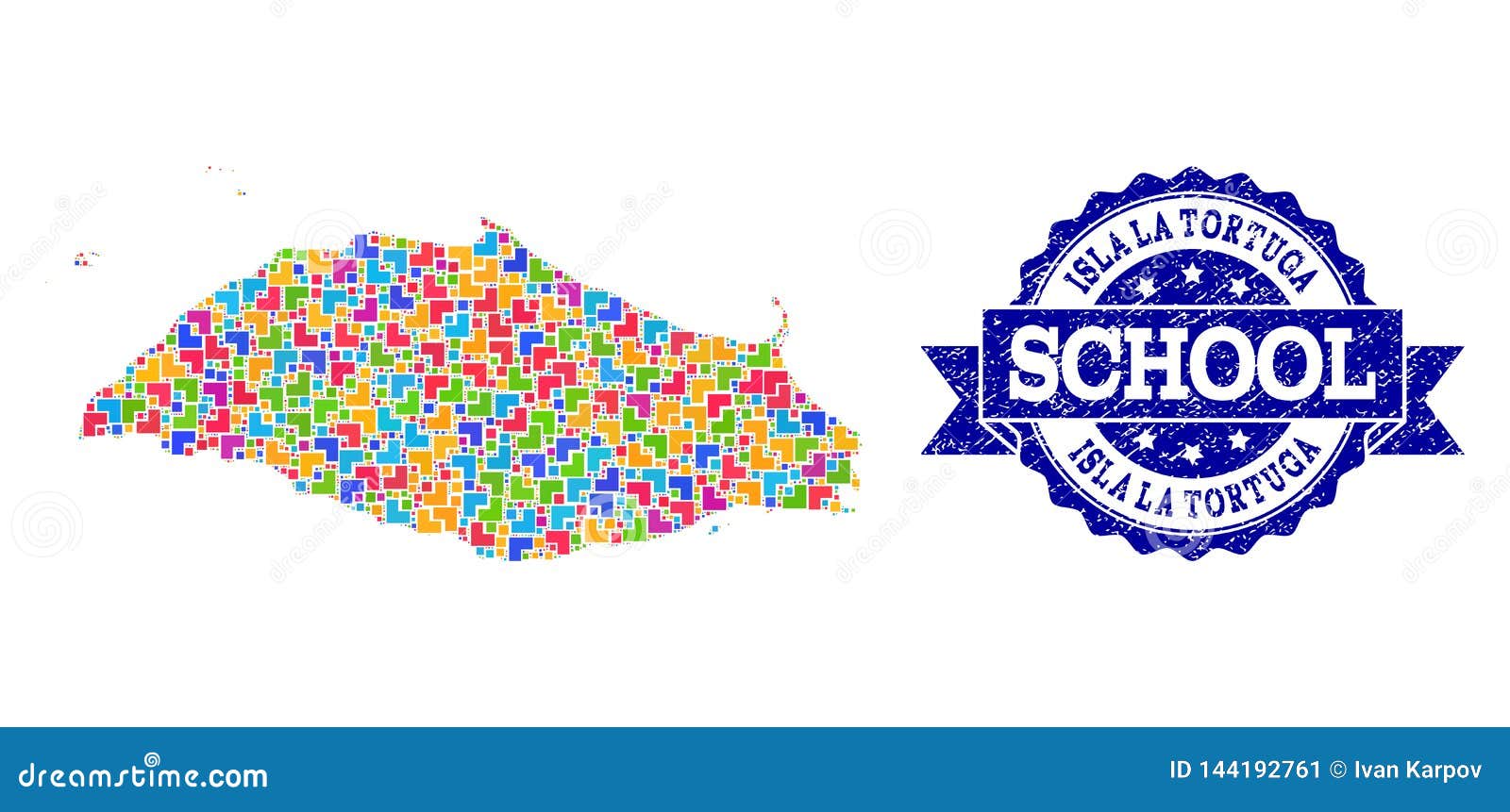 mosaic map of isla la tortuga and scratched school stamp composition
