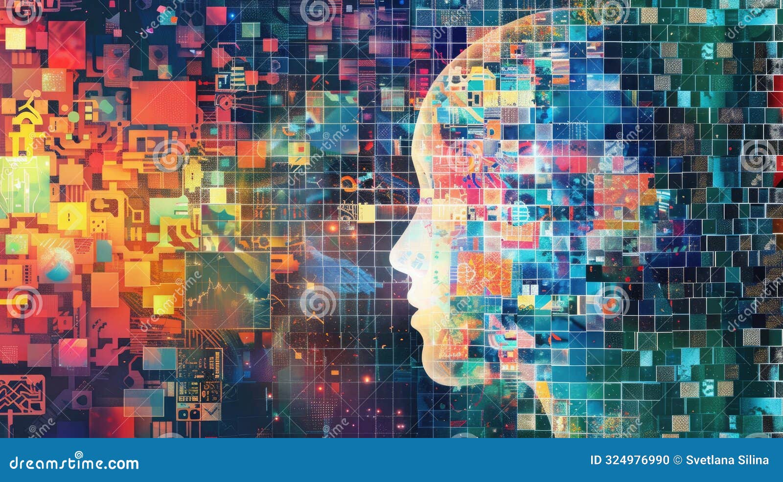 mosaic visualization of ai insights with sectors like healthcare, finance, education. ai insights