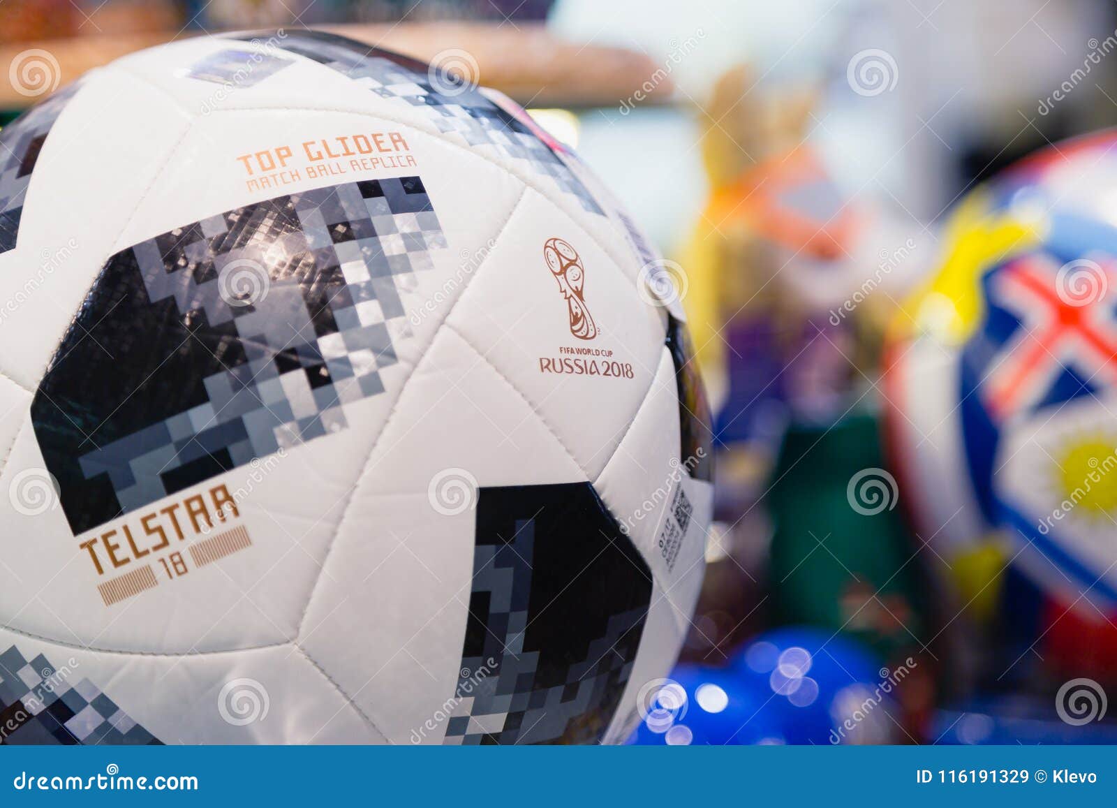 MOSCOW, RUSSIA - APRIL 30, 2018: TOP GLIDER Match Ball Replica for Cup FIFA 2018 Mundial in the Souvenir Shop. Editorial Stock Image - Image of emblem: 116191329