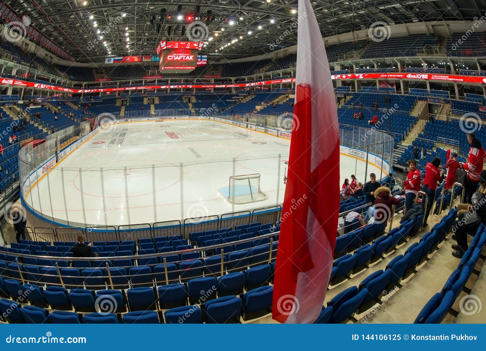 MOSCOW, RUSSIA - JANUARY 23, 2019: Hockey arena and the spectator seats. Interior of Legends Park Arena before the hockey game Spartak vs Severstal Cherepovets on Russia KHL championship. Spartak won 4:3