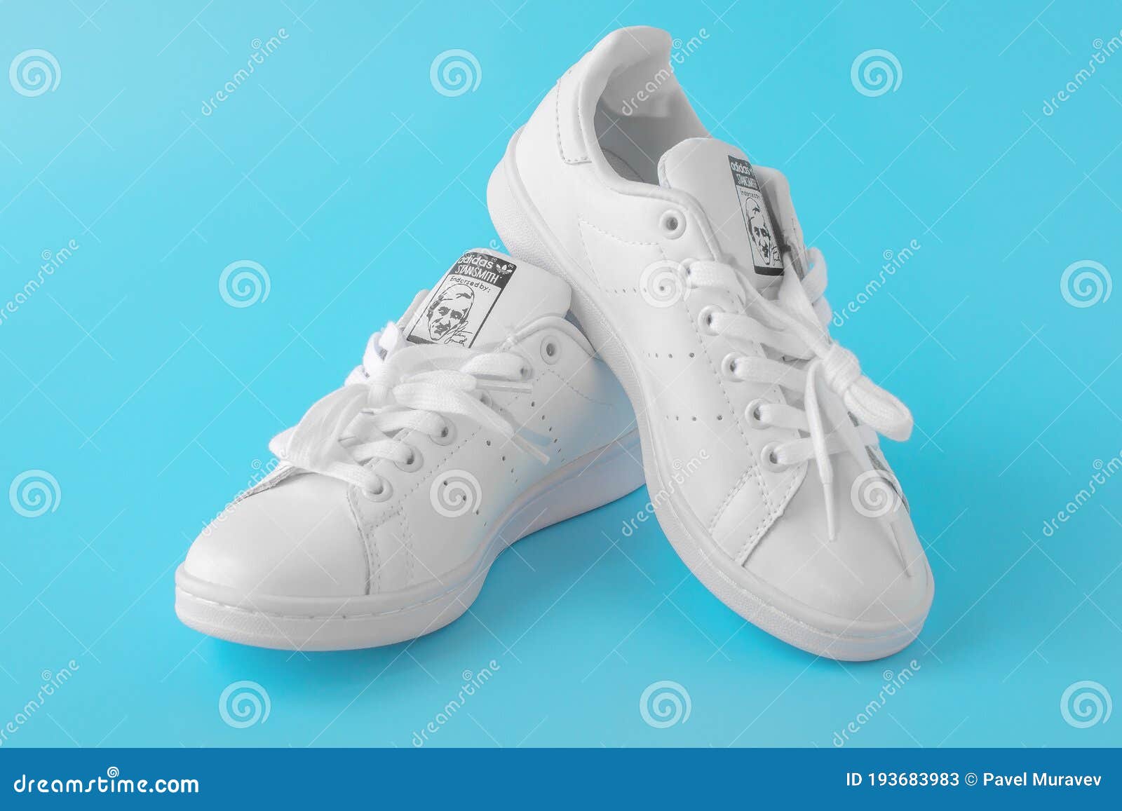 Moscow, Russia - JULY 30, 2020: White Shoes Adidas Smith, Photo of New White Sneakers on Blue Background Editorial Stock Photo - Image of casual, fitness: 193683983