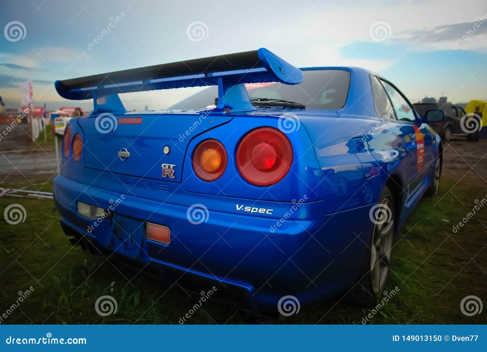 Moscow Russia May 25 19 The Blue Color Nissan Skyline Gtr R34 Stands On The Grass Editorial Image Image Of Field Rain