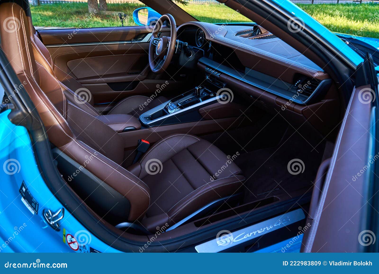 Moscow, Russia 07-02-02019 Porsche 911 Carrera 4S & X28;Miami Blue& X29;  992 Sports the Front Door of the Car is Open and the Editorial Stock Image  - Image of street, race: 222983809