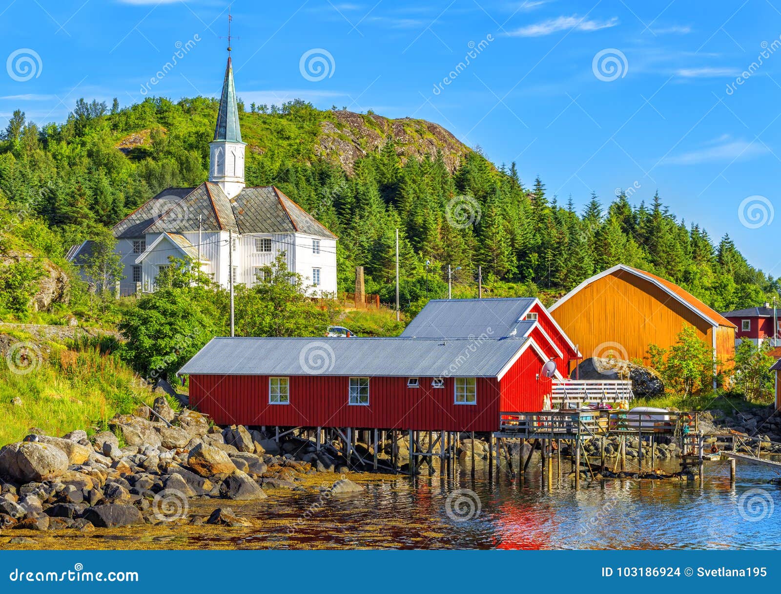 moskenes church in moskenes fishing village in lofoten islands.