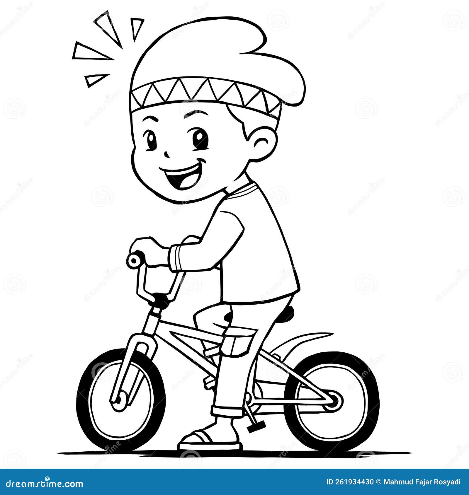 Moslem Boy Character Pose Ride Bicycle BW Stock Illustration